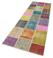 Handmade Area Rug - Blue Patchwork Cotton Wool Vintage Hand Woven Carpet 3'x9'10"