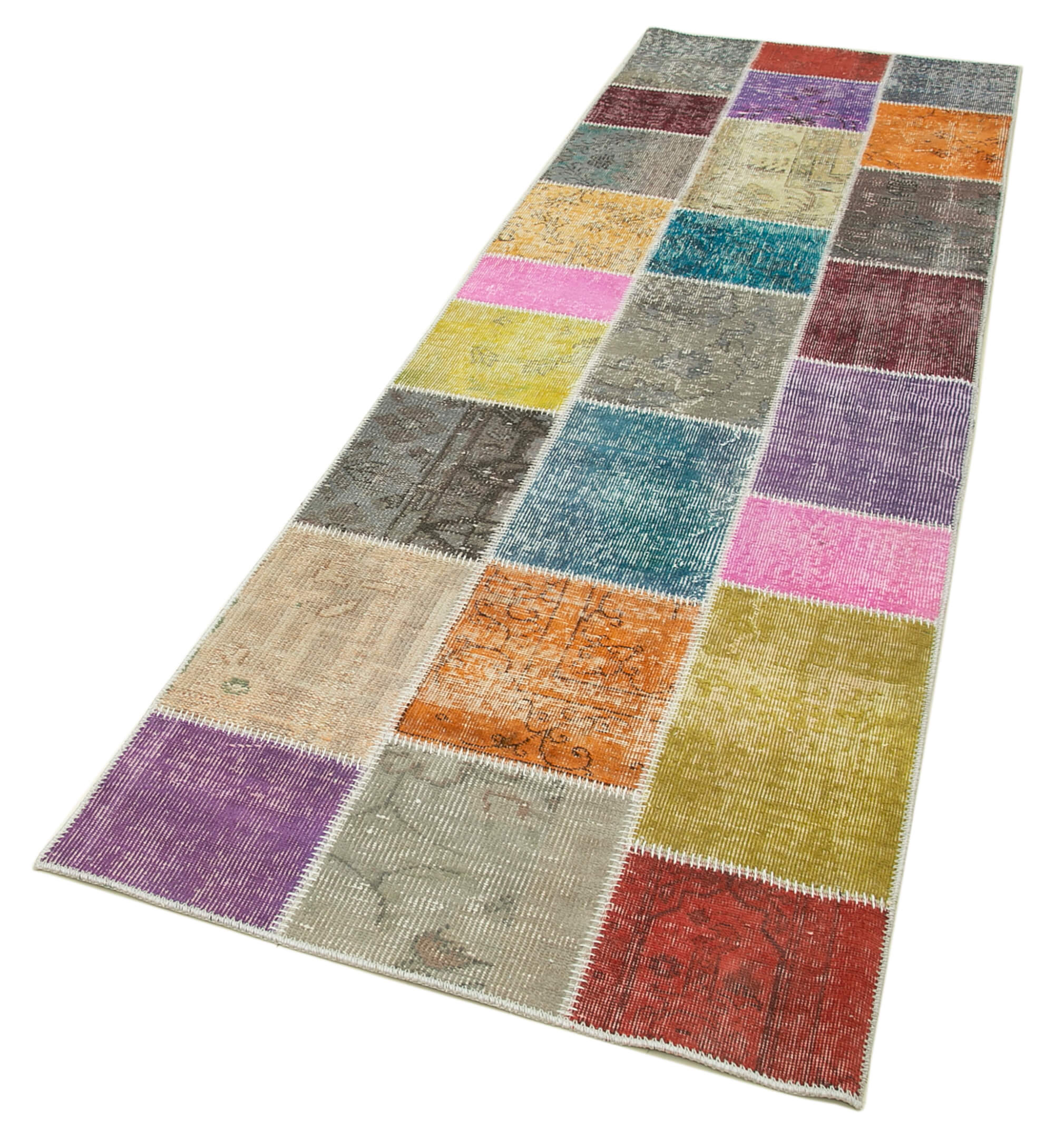 Handmade Area Rug - Blue Patchwork Cotton Wool Vintage Hand Woven Carpet 3'x9'10"
