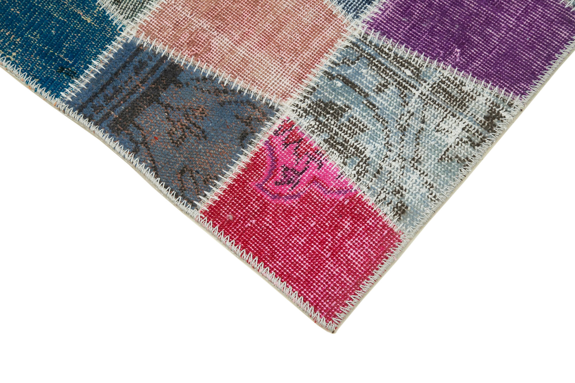 Handmade Area Rug - Blue Patchwork Cotton Wool Vintage Turkish Carpet 2'11''x10'1''