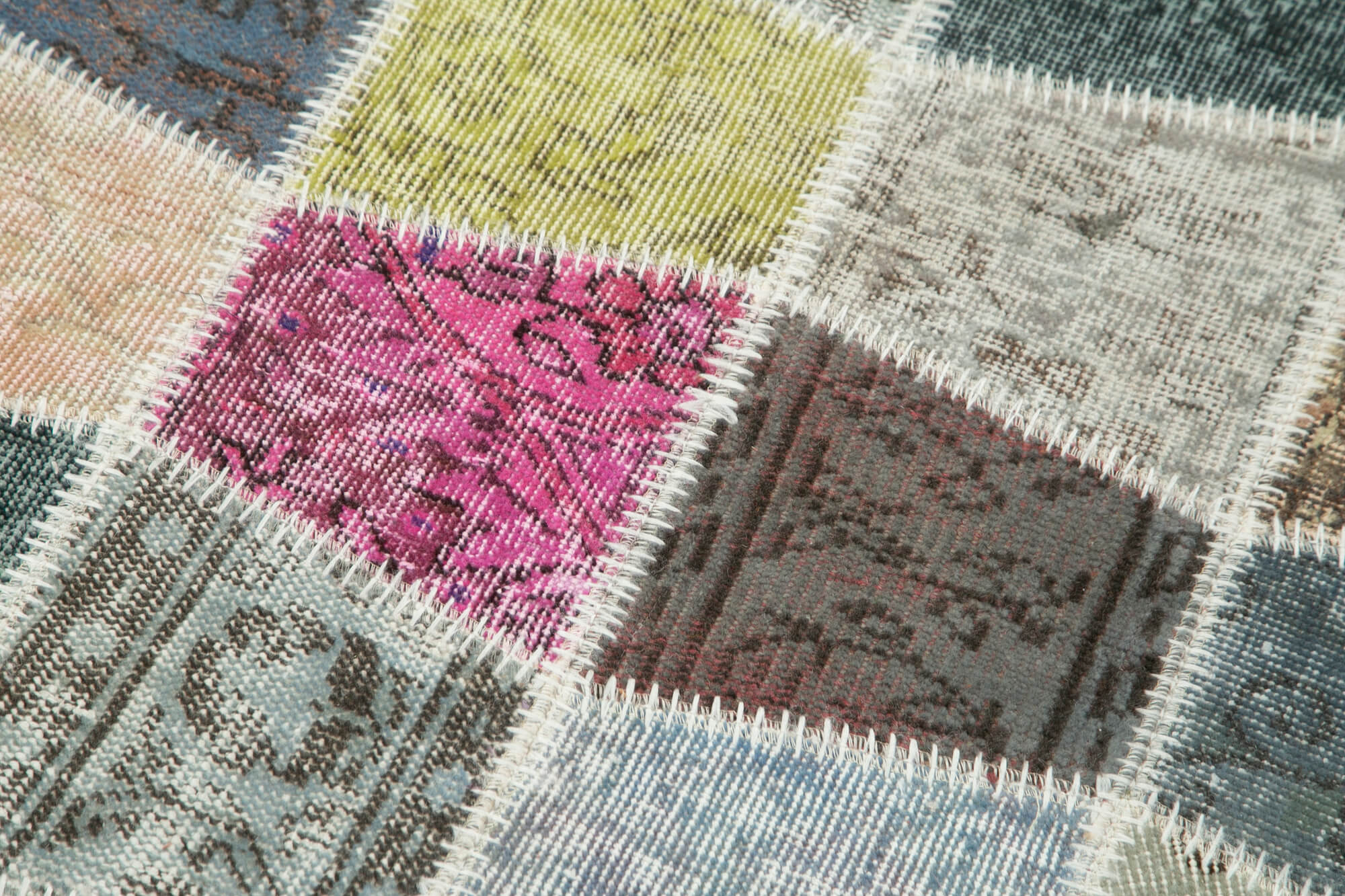 Handmade Area Rug - Blue Patchwork Cotton Wool Vintage Turkish Carpet 2'11''x10'1''