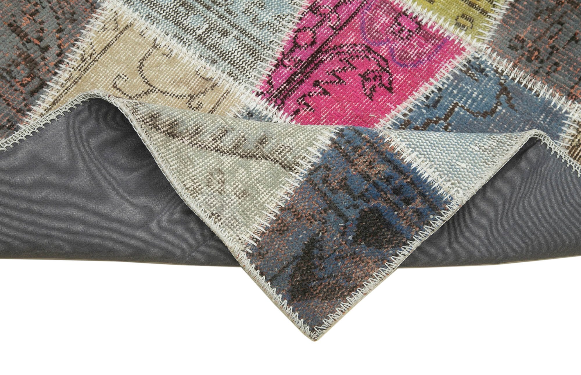 Handmade Area Rug - Blue Patchwork Cotton Wool Vintage Turkish Carpet 2'11''x10'1''