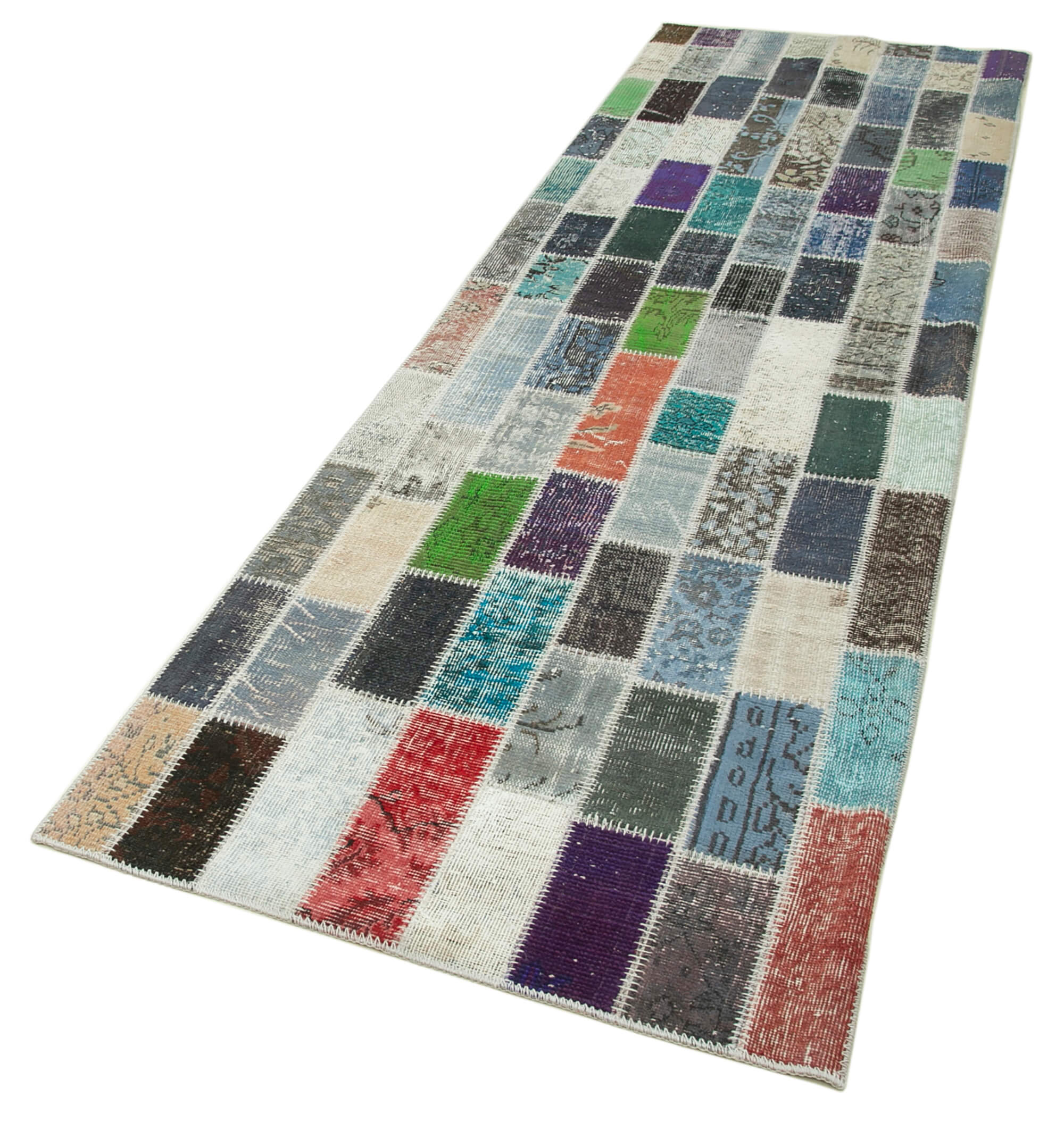 Handmade Patchwork Rug - Blue Patchwork Rug Cotton Wool Area Floor Covering 3'1''x10'5''