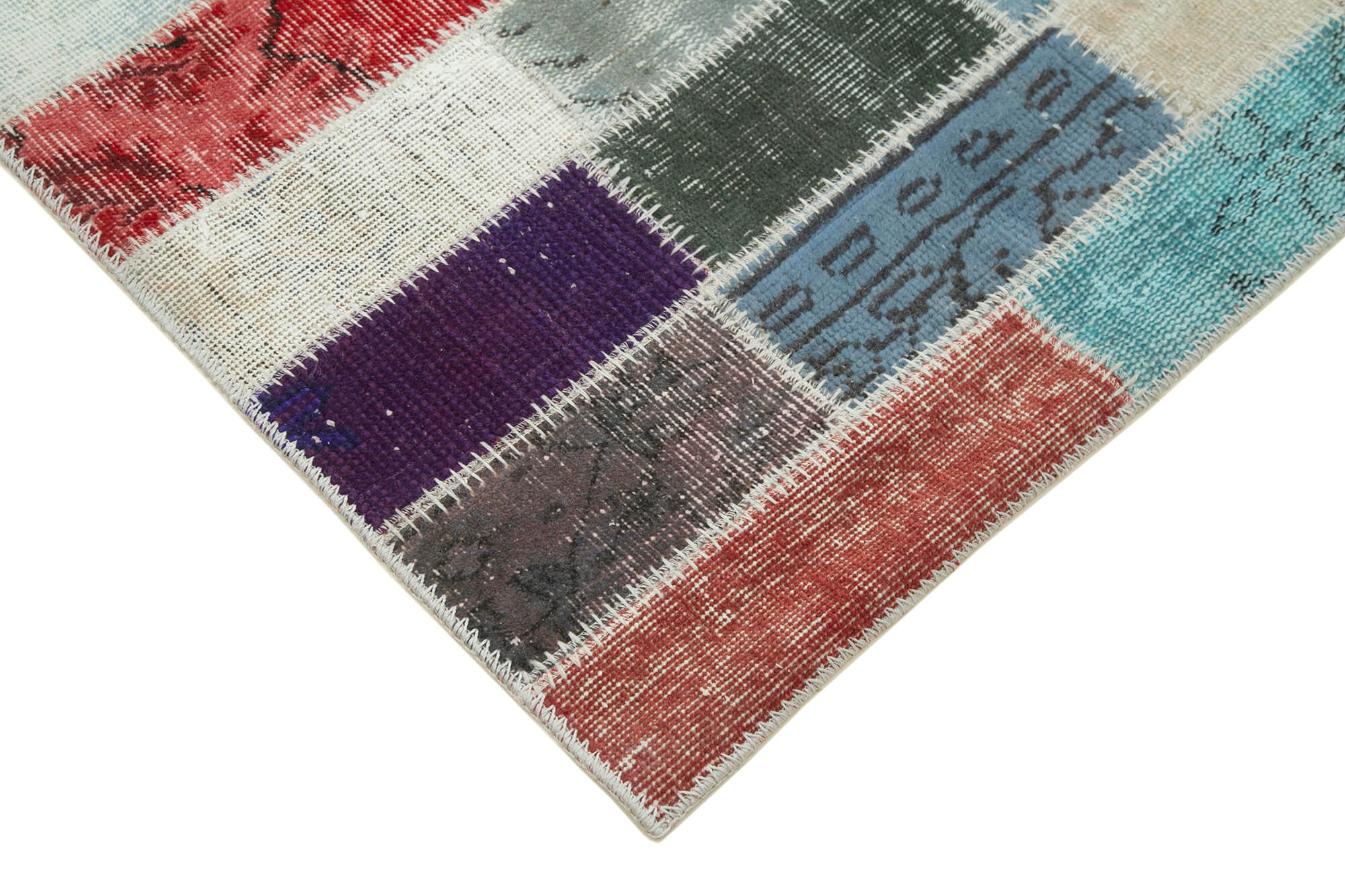 Handmade Patchwork Rug - Blue Patchwork Rug Cotton Wool Area Floor Covering 3'1''x10'5''