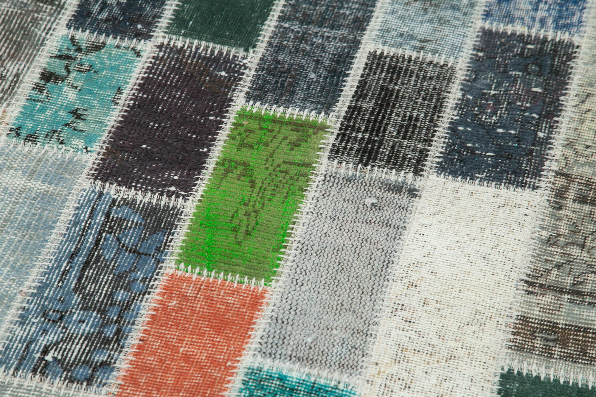 Handmade Patchwork Rug - Blue Patchwork Rug Cotton Wool Area Floor Covering 3'1''x10'5''