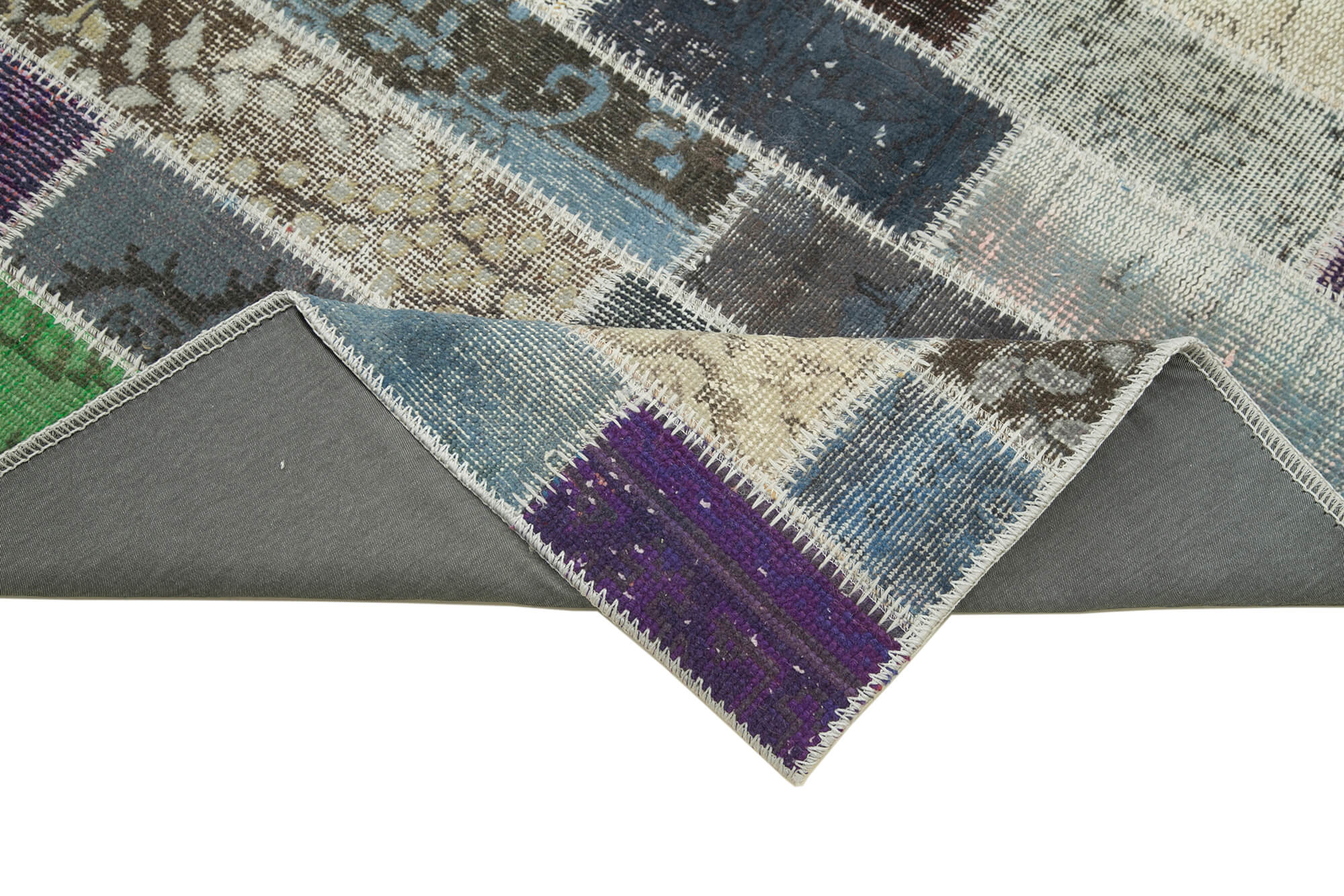 Handmade Patchwork Rug - Blue Patchwork Rug Cotton Wool Area Floor Covering 3'1''x10'5''