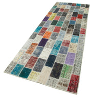 Handmade Area Rug - Blue Patchwork Cotton Wool Vintage Turkish Carpet 3'3''x10'1''