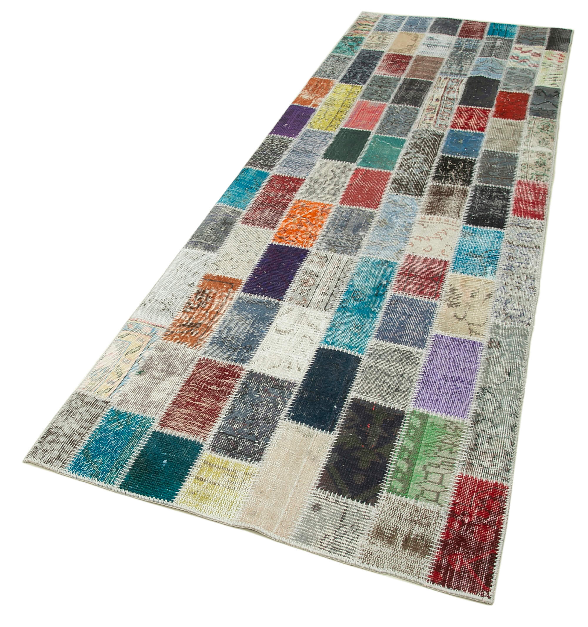 Handmade Area Rug - Blue Patchwork Cotton Wool Vintage Turkish Carpet 3'3''x10'1''