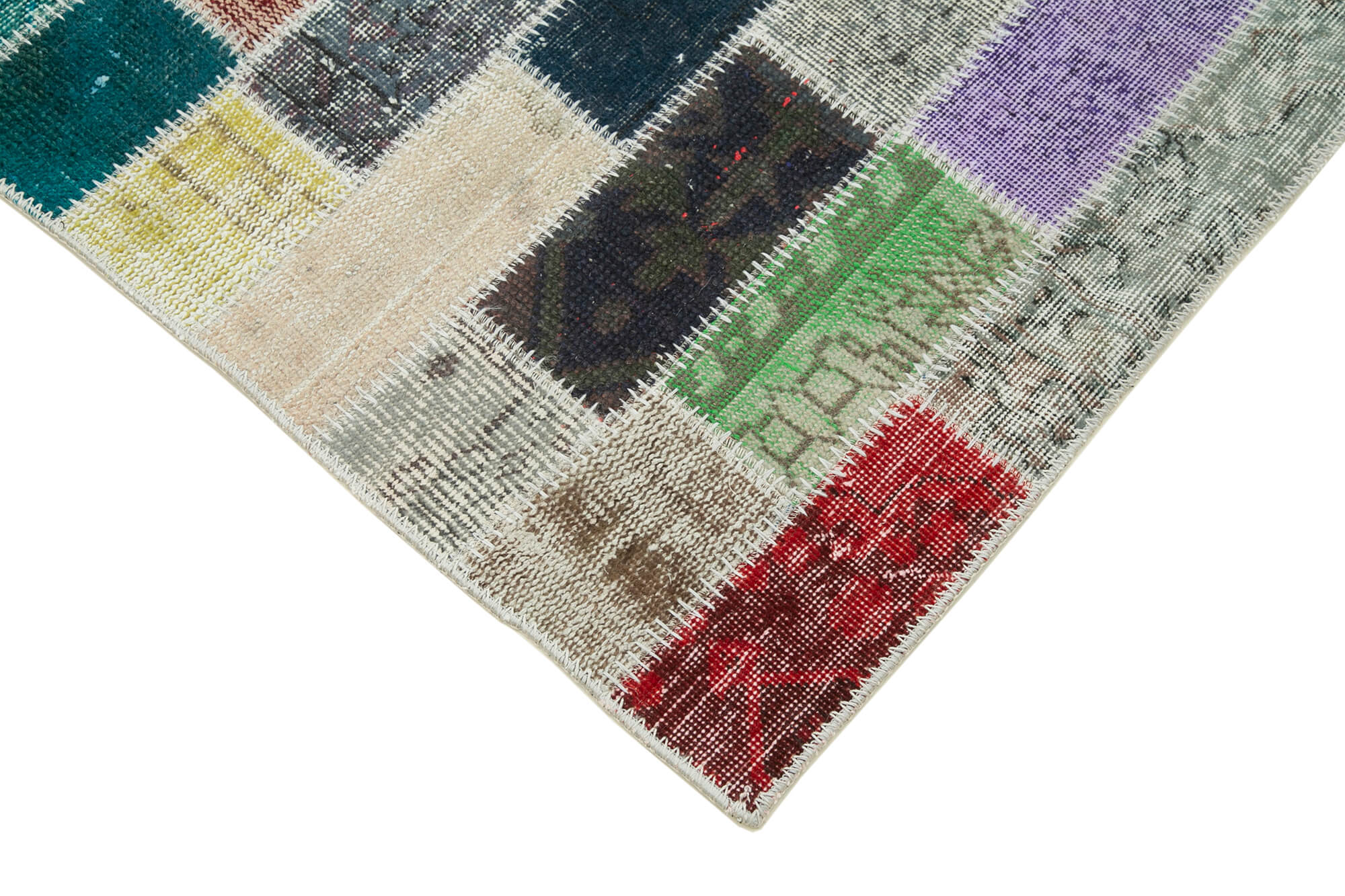 Handmade Area Rug - Blue Patchwork Cotton Wool Vintage Turkish Carpet 3'3''x10'1''