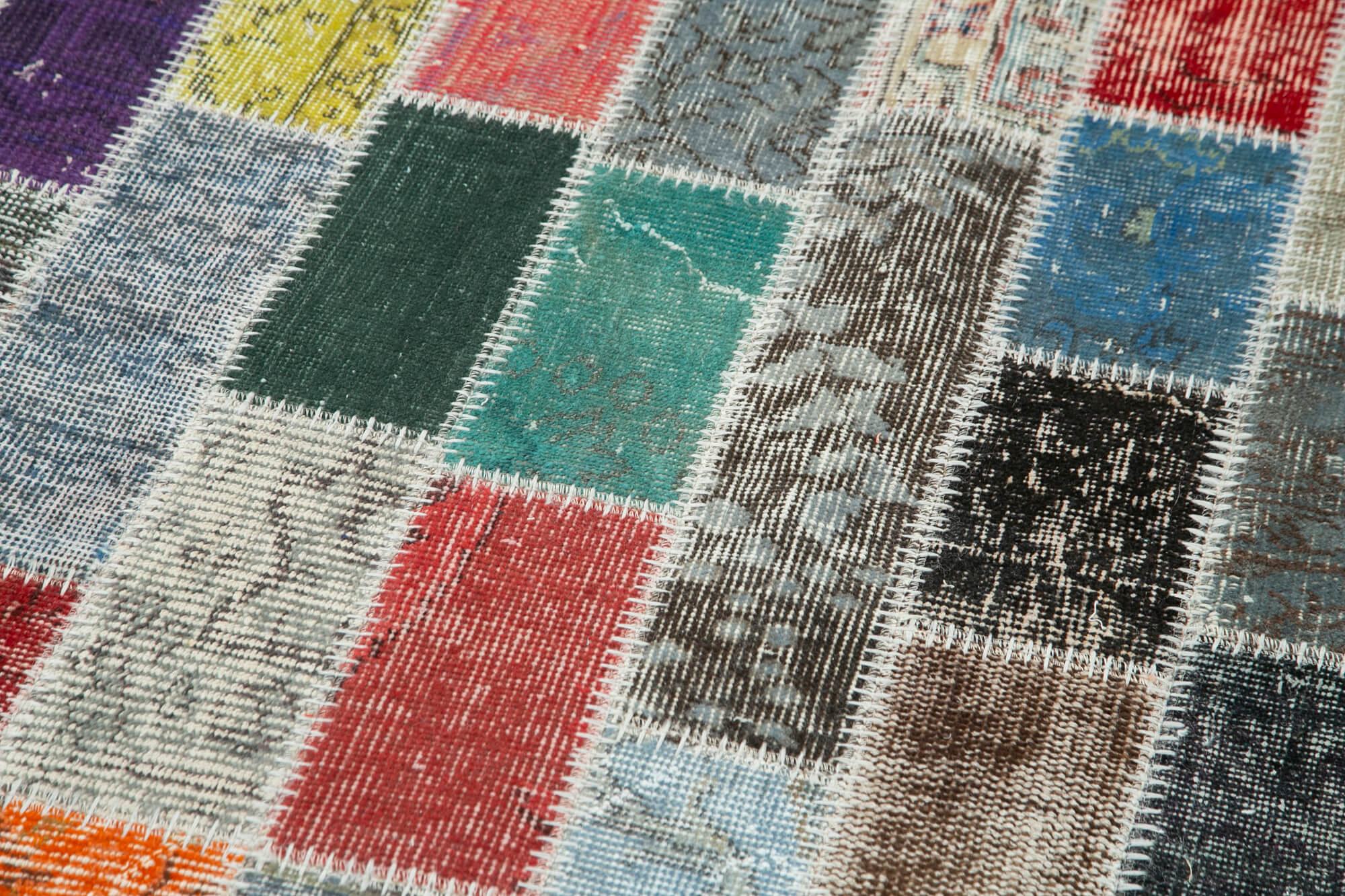 Handmade Area Rug - Blue Patchwork Cotton Wool Vintage Turkish Carpet 3'3''x10'1''
