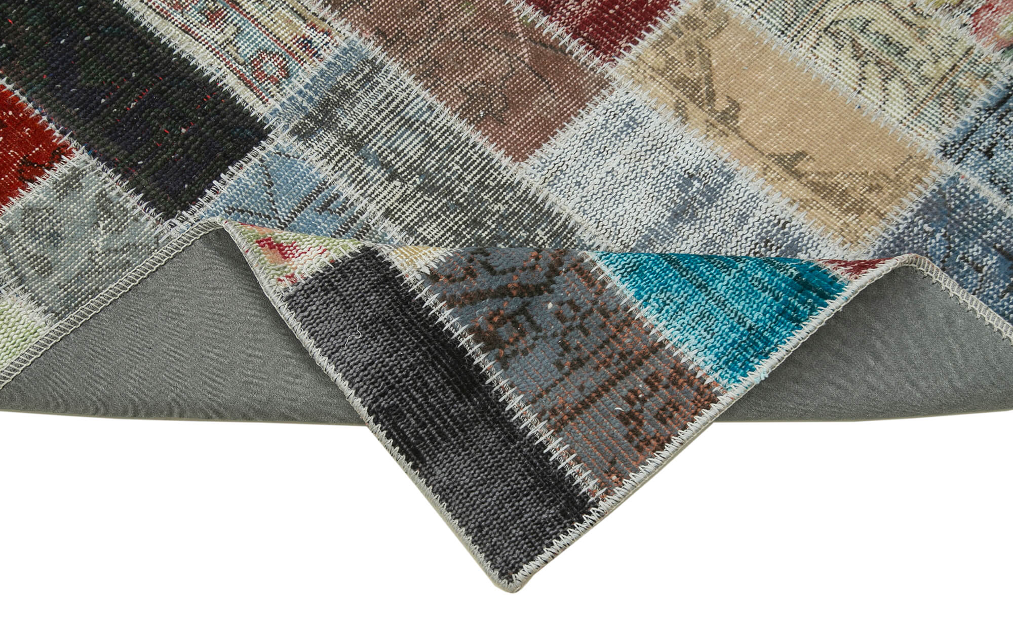 Handmade Area Rug - Blue Patchwork Cotton Wool Vintage Turkish Carpet 3'3''x10'1''
