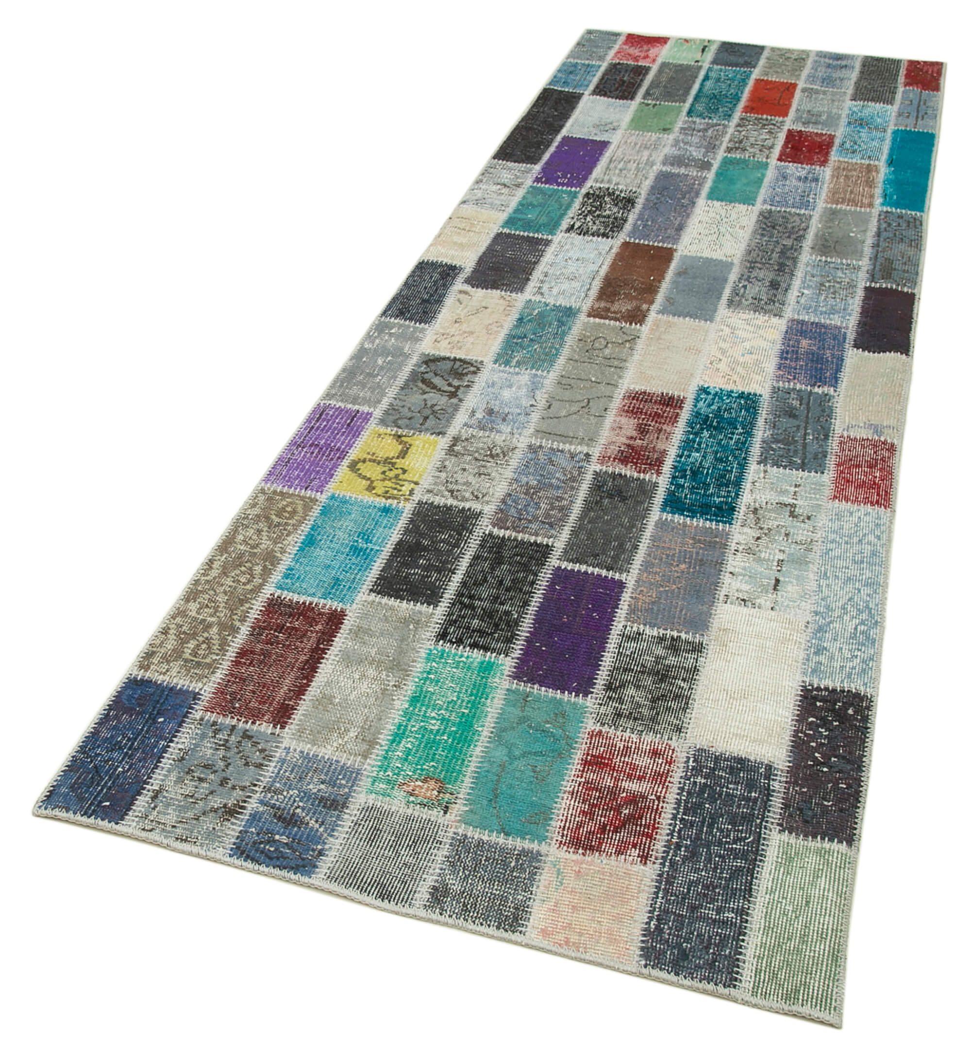 Handmade Area Rug - Blue Patchwork Cotton Wool Rug, Vintage Hand Woven Carpet 3'1''x10'