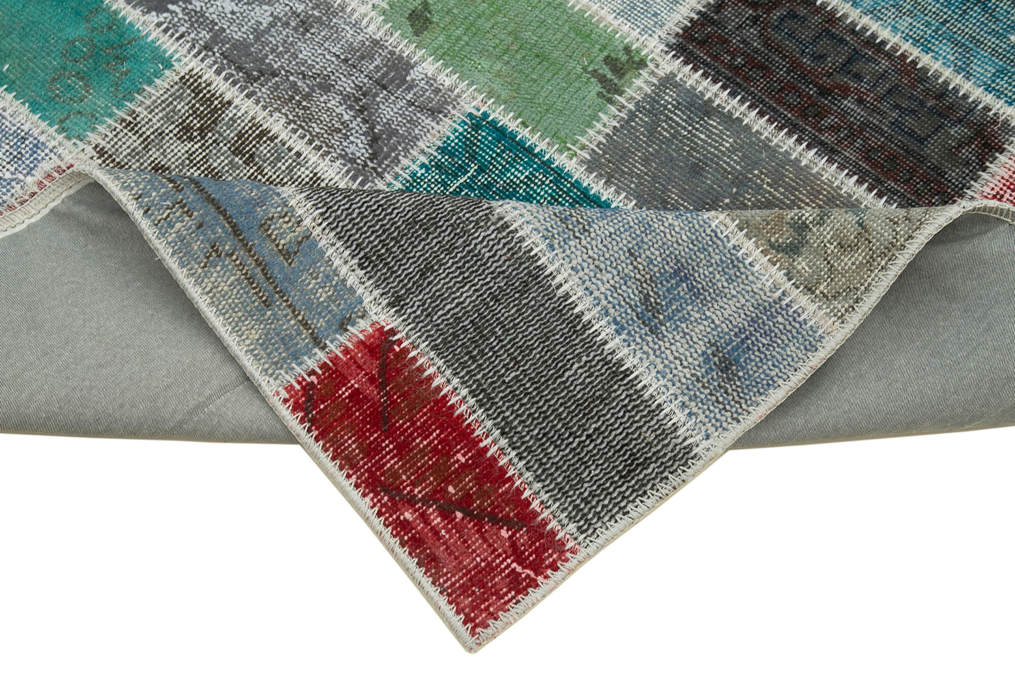 Handmade Area Rug - Blue Patchwork Cotton Wool Rug, Vintage Hand Woven Carpet 3'1''x10'