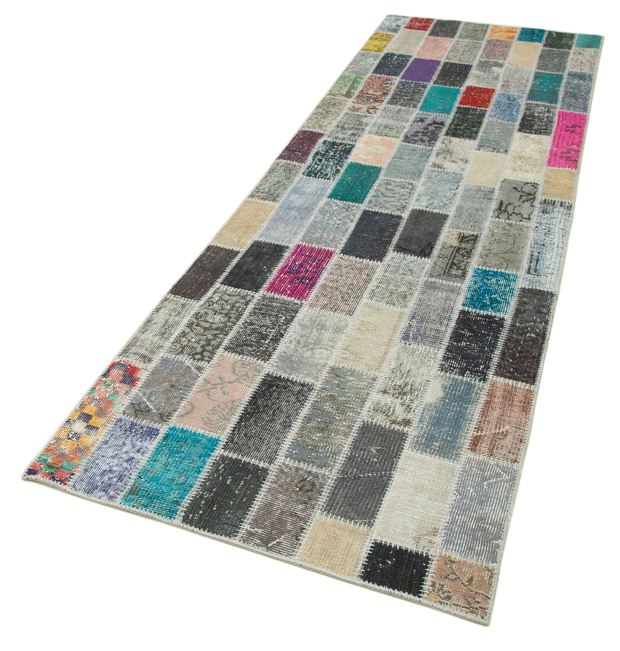 Handmade Patchwork Rug - Blue Area Rug Cotton Wool Vintage Hand Woven Carpet 3'1''x10'1''