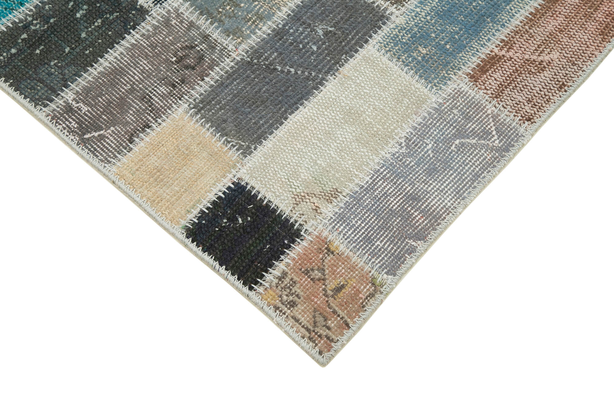 Handmade Patchwork Rug - Blue Area Rug Cotton Wool Vintage Hand Woven Carpet 3'1''x10'1''