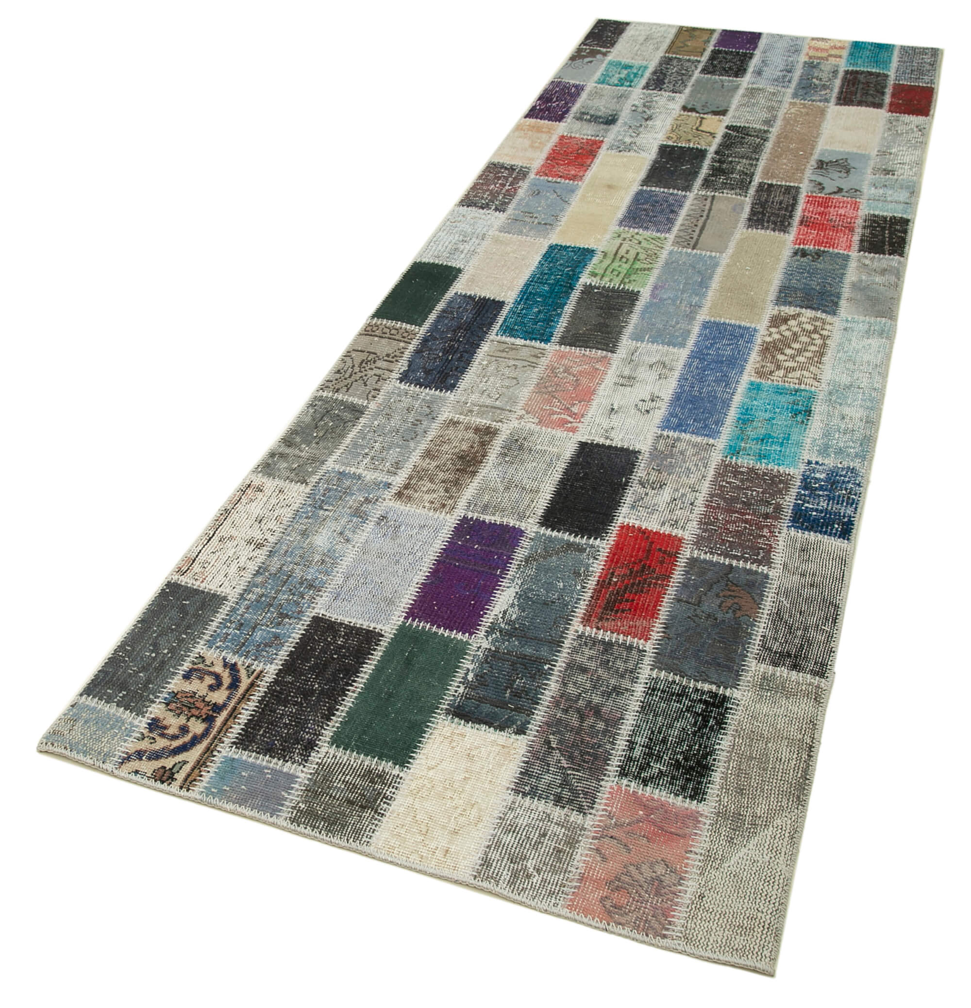 Handmade Area Rug - Kirk Yama Blue Patchwork Wool Cotton Carpet 3'1" x 9'11"