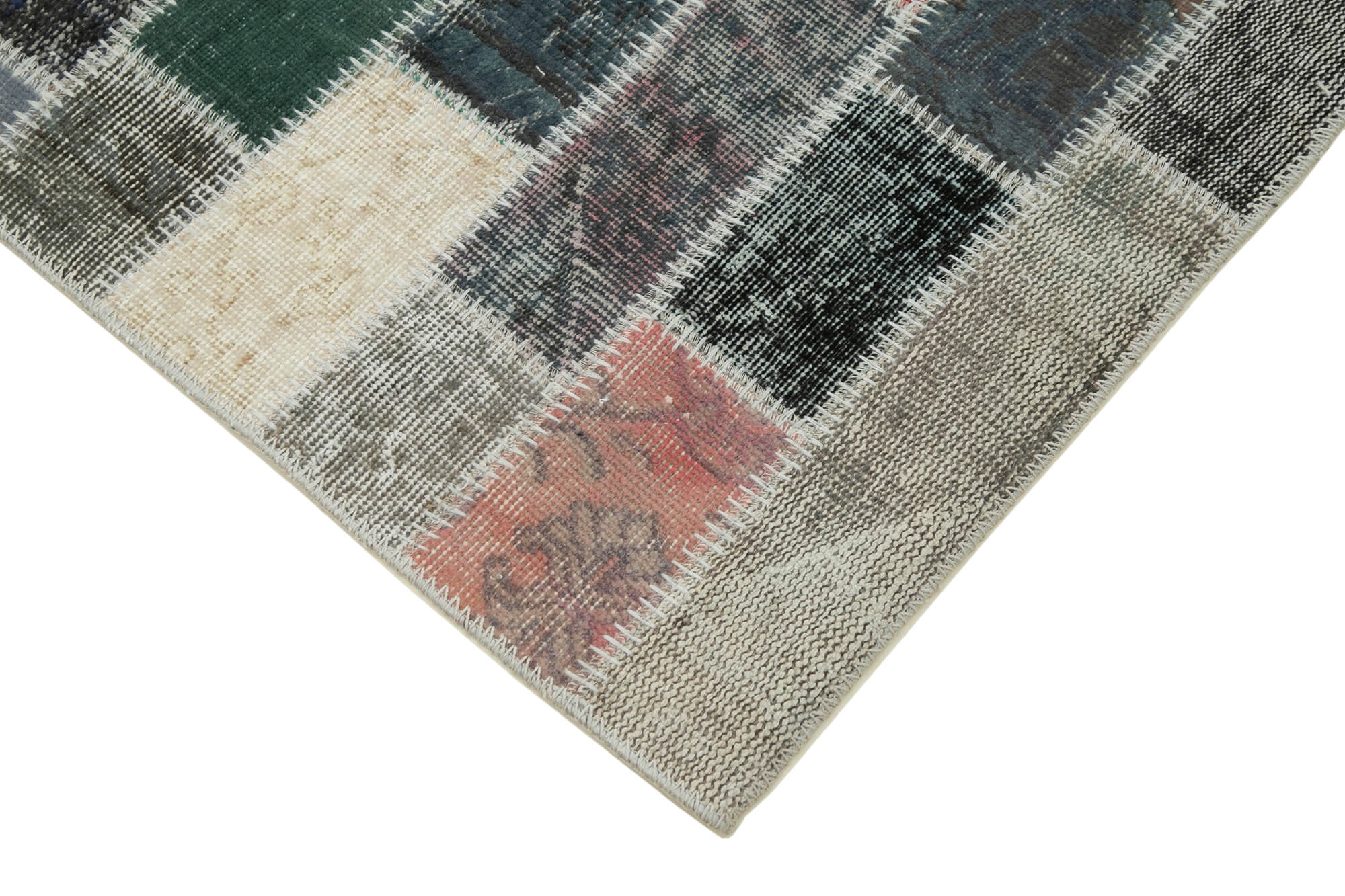 Handmade Area Rug - Kirk Yama Blue Patchwork Wool Cotton Carpet 3'1" x 9'11"