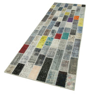 Handmade Patchwork Rug - Blue Patchwork Carpet Cotton Wool Rug 3'1'' x 9'11''
