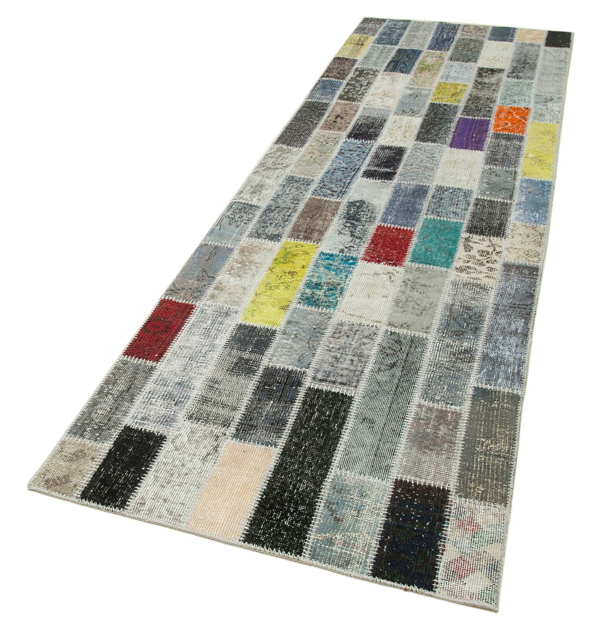 Handmade Patchwork Rug - Blue Patchwork Carpet Cotton Wool Rug 3'1'' x 9'11''