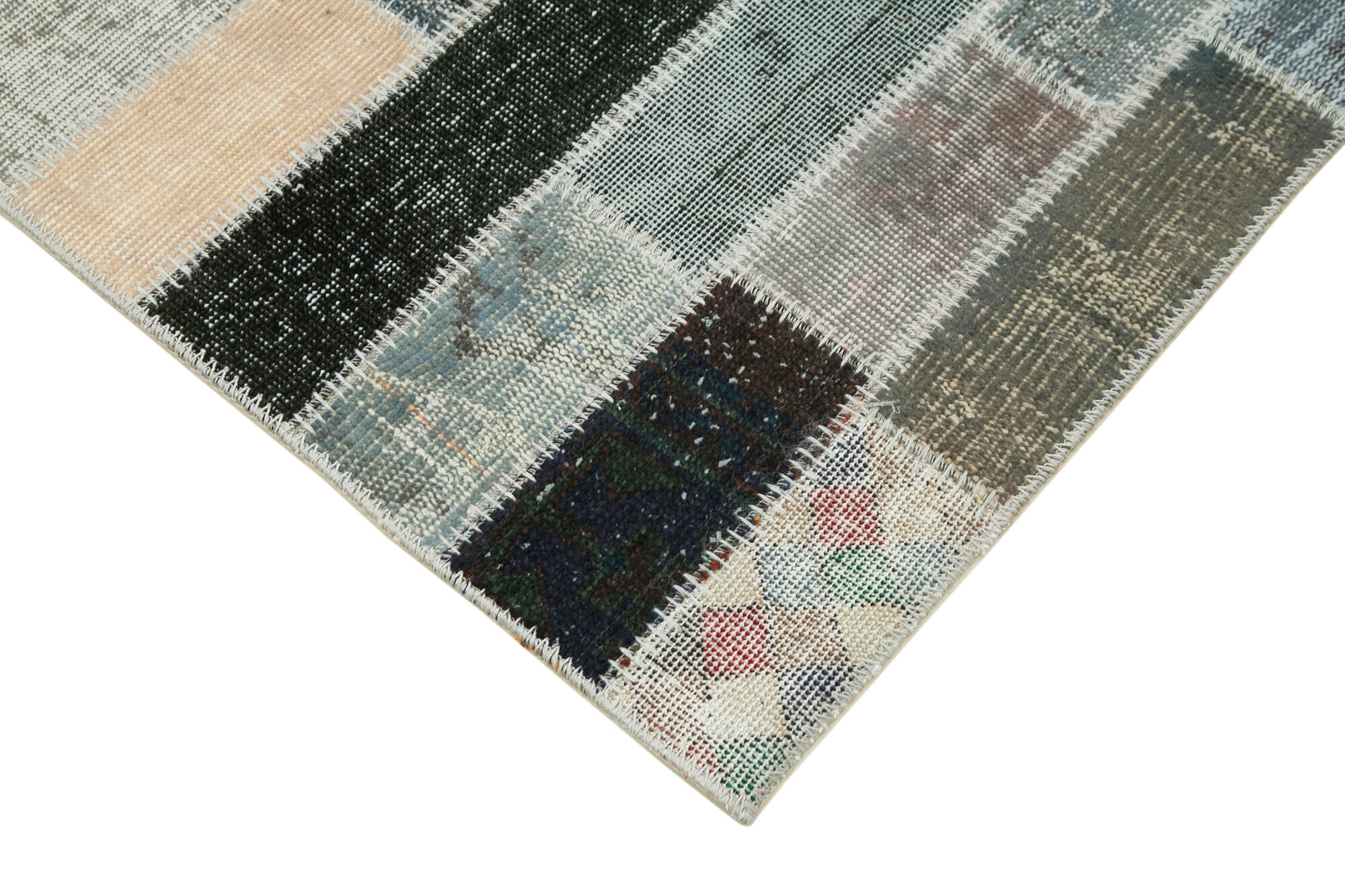 Handmade Patchwork Rug - Blue Patchwork Carpet Cotton Wool Rug 3'1'' x 9'11''