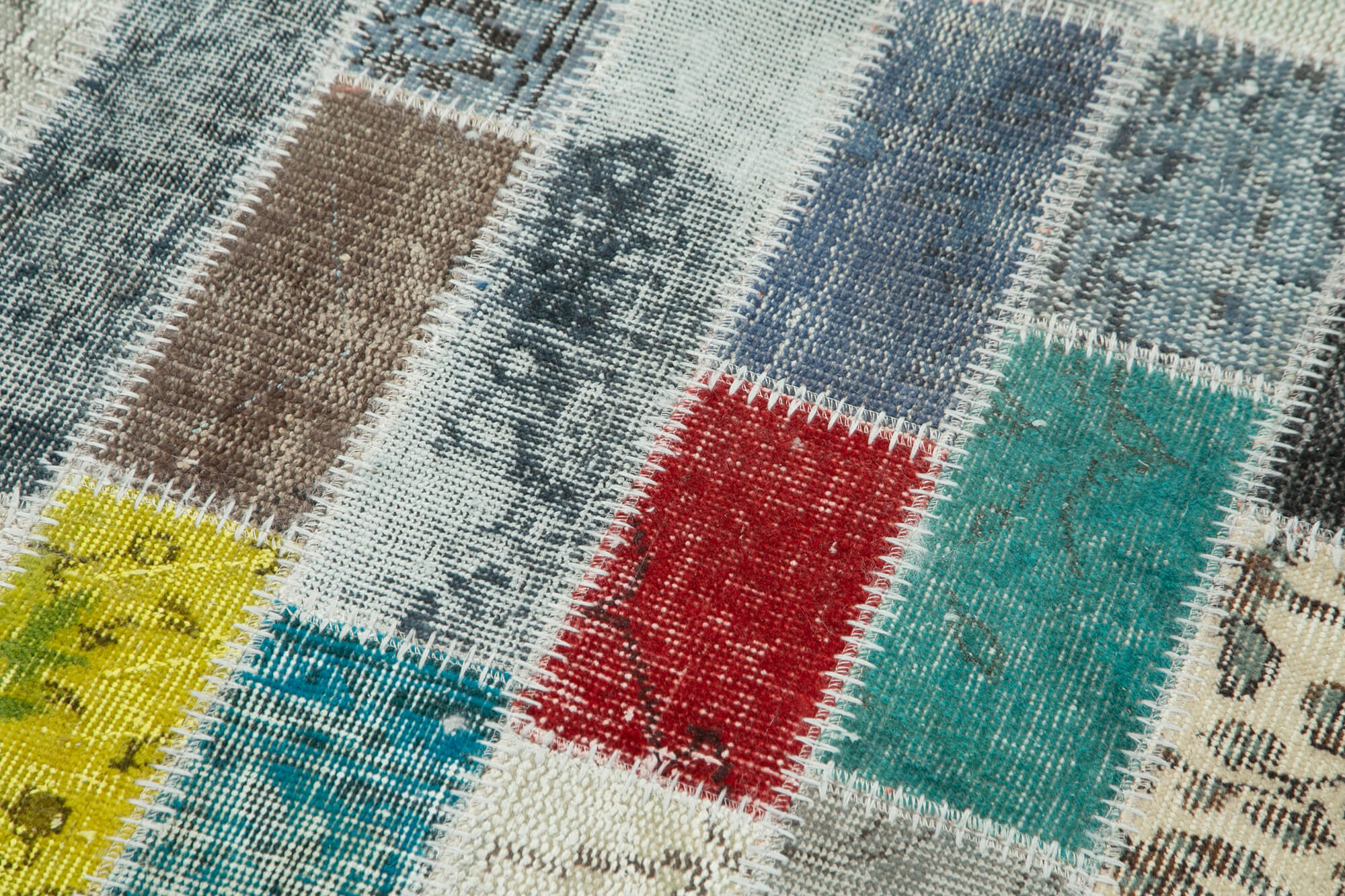 Handmade Patchwork Rug - Blue Patchwork Carpet Cotton Wool Rug 3'1'' x 9'11''