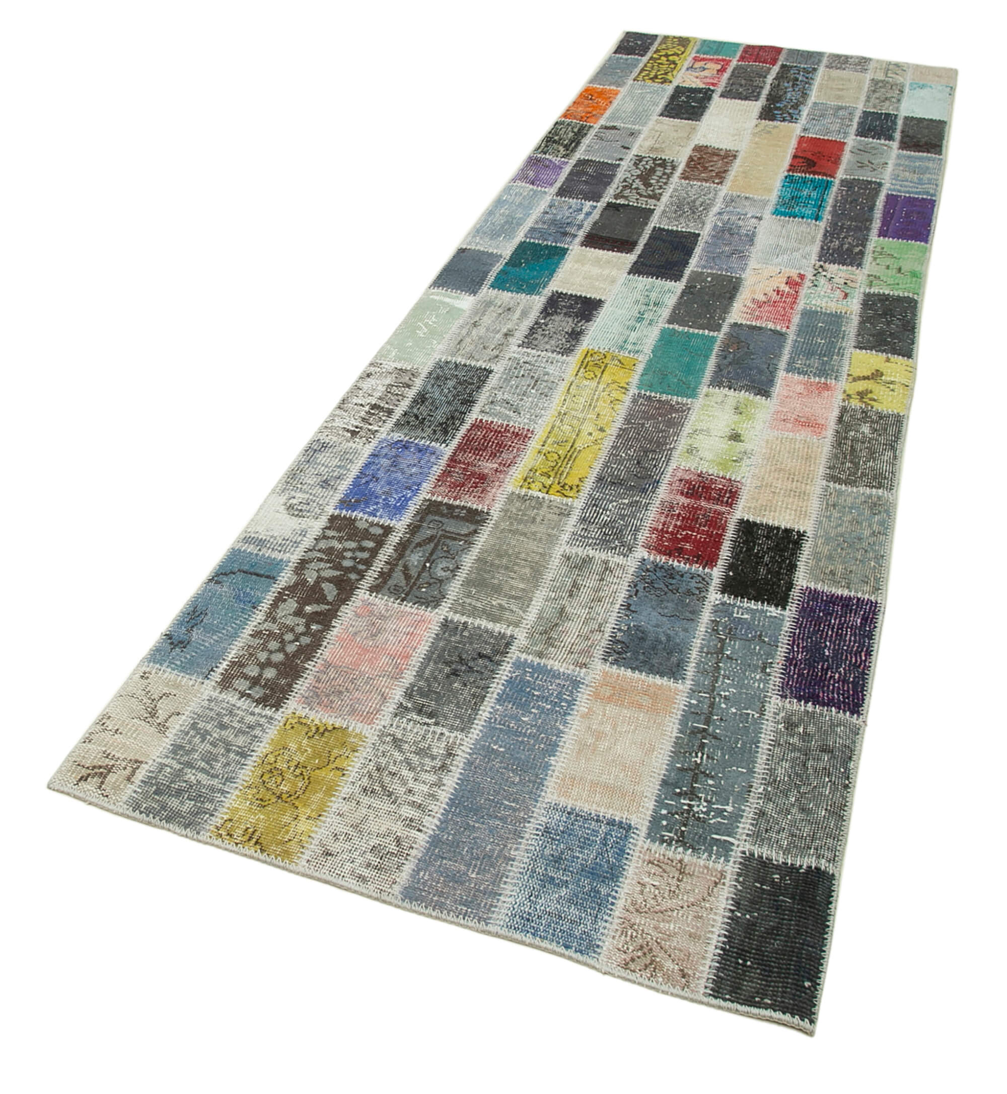 Handmade Area Rug – Blue Patchwork Rug Cotton Wool Vintage Turkish Carpet 3'2"x10'10"