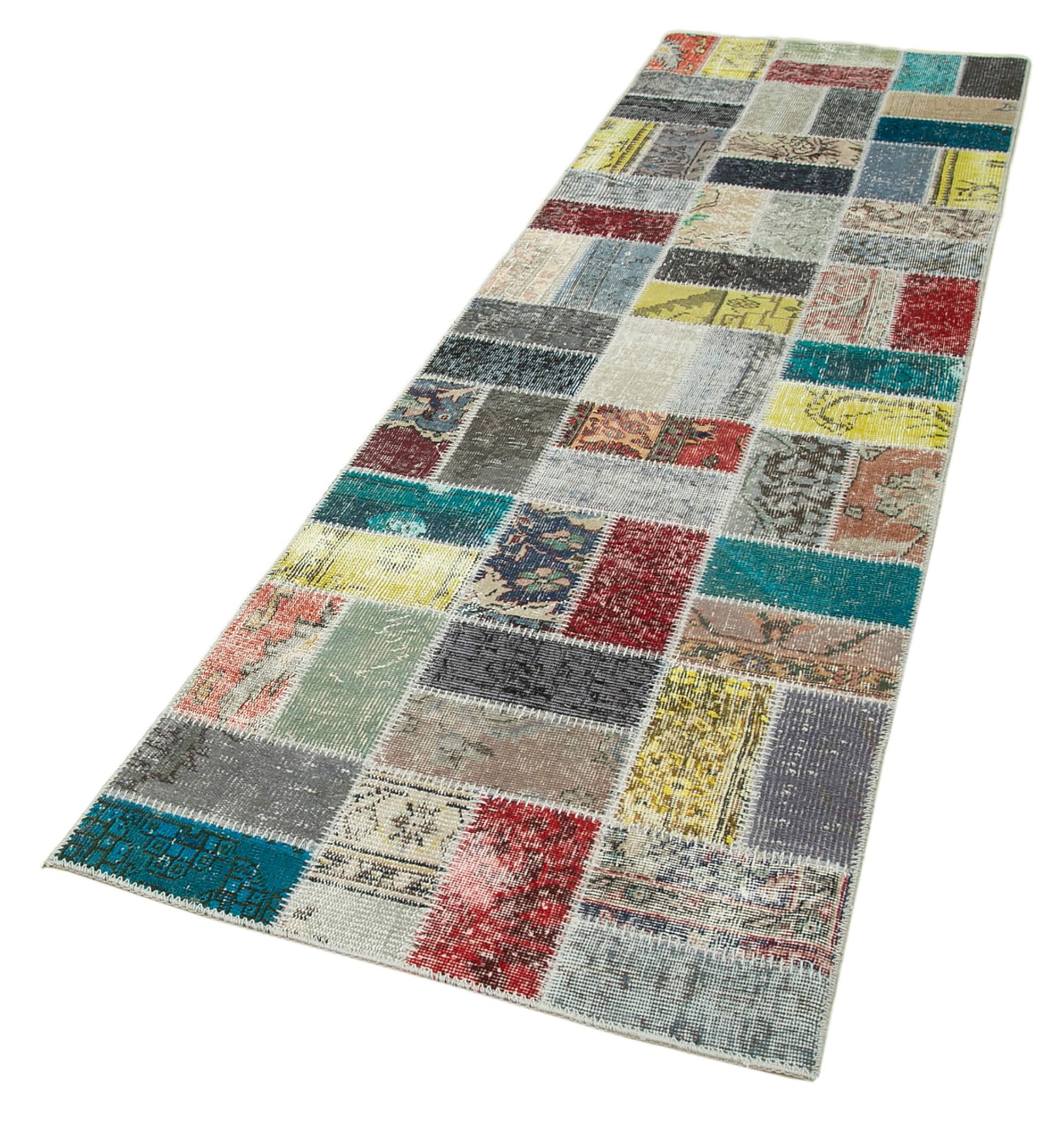 Handmade Area Rug - Blue Patchwork Cotton Wool Vintage Turkish Carpet 2'9''x9'8''