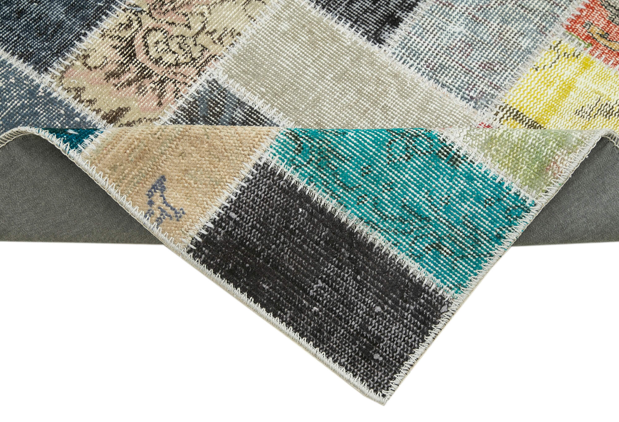 Handmade Area Rug - Blue Patchwork Cotton Wool Vintage Turkish Carpet 2'9''x9'8''