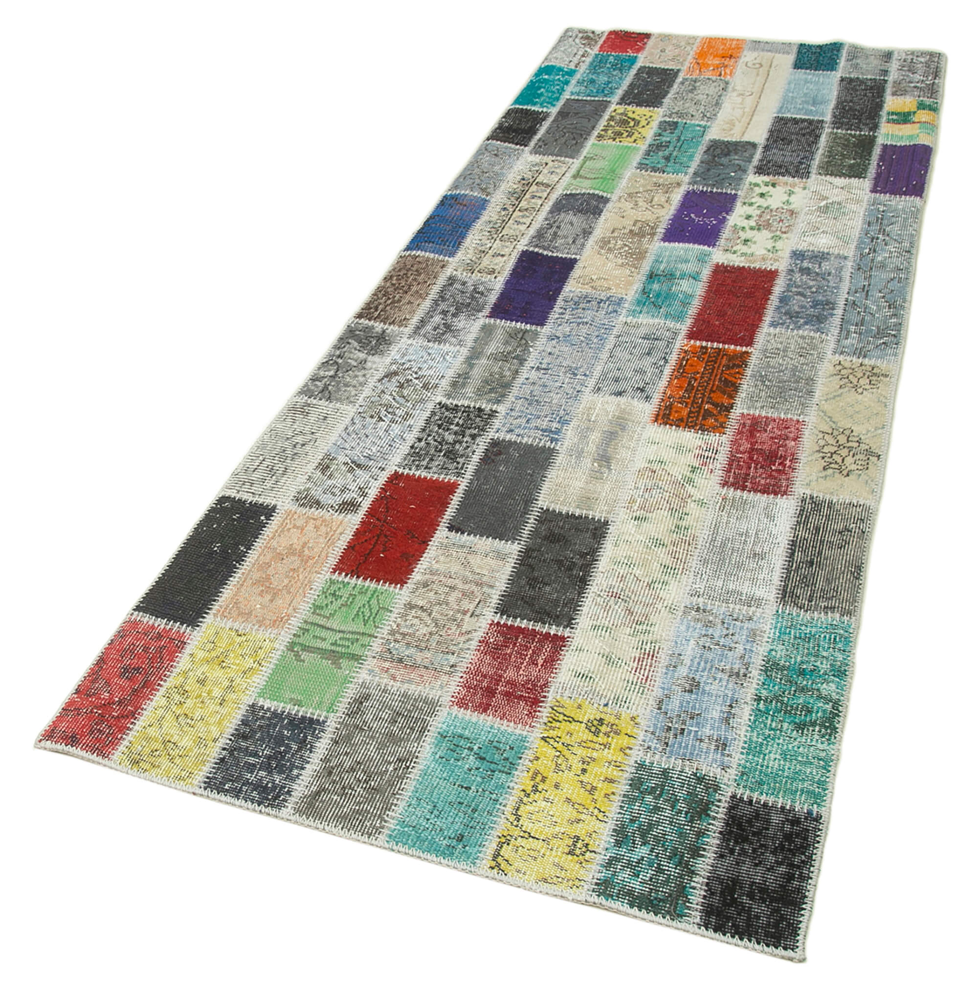 Handmade Area Rug – Blue Patchwork Cotton Wool Vintage Handwoven Carpet 3'2''x8'10''