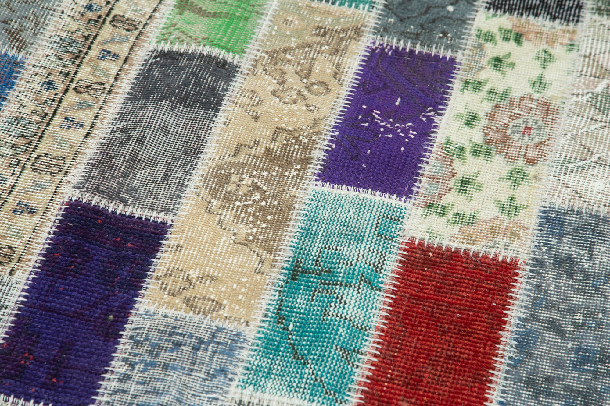 Handmade Area Rug – Blue Patchwork Cotton Wool Vintage Handwoven Carpet 3'2''x8'10''