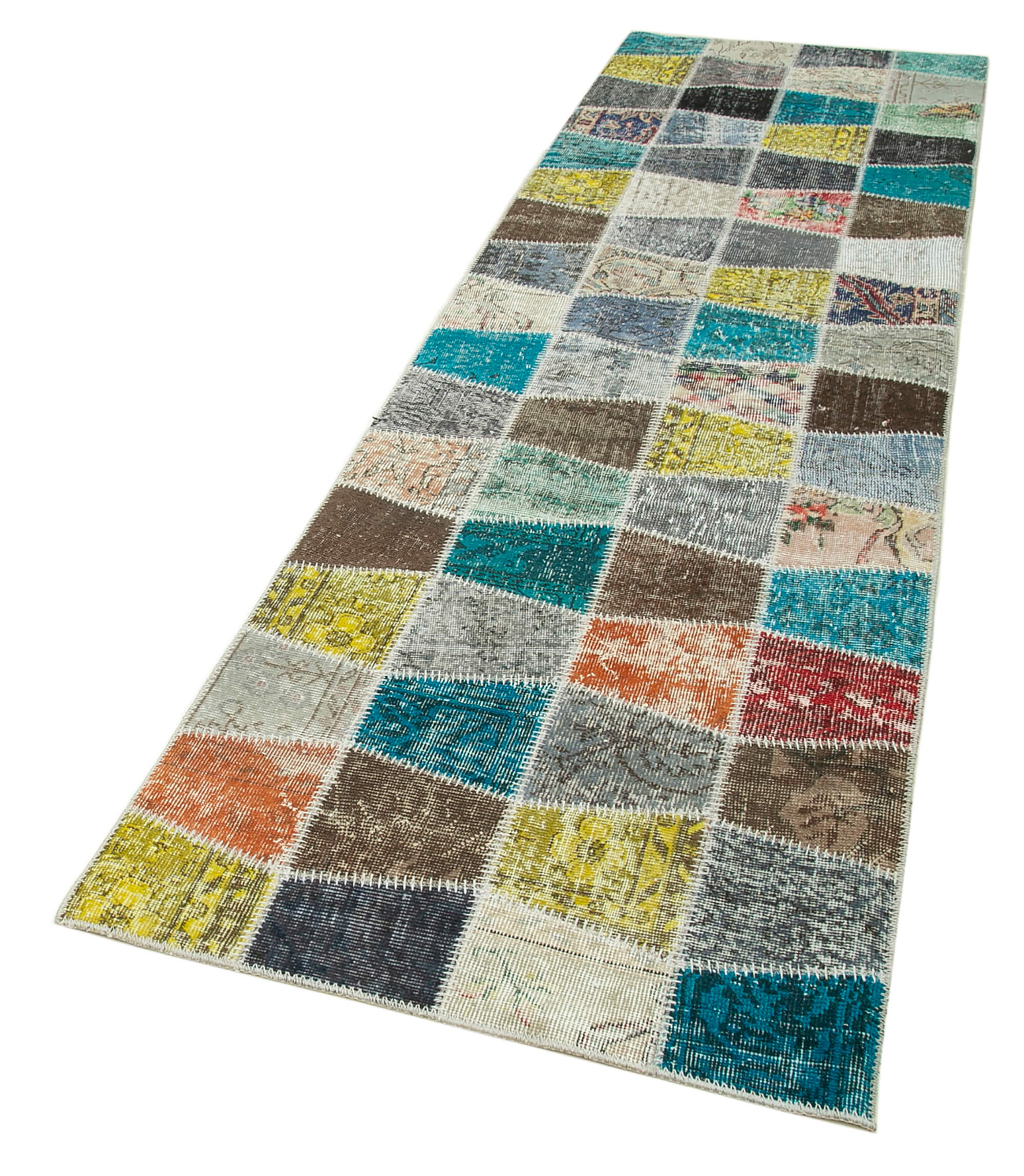 Handmade Patchwork Rug – Blue Cotton Wool Area Rug 2'11'' x 10'2'' Durable Soft Wool