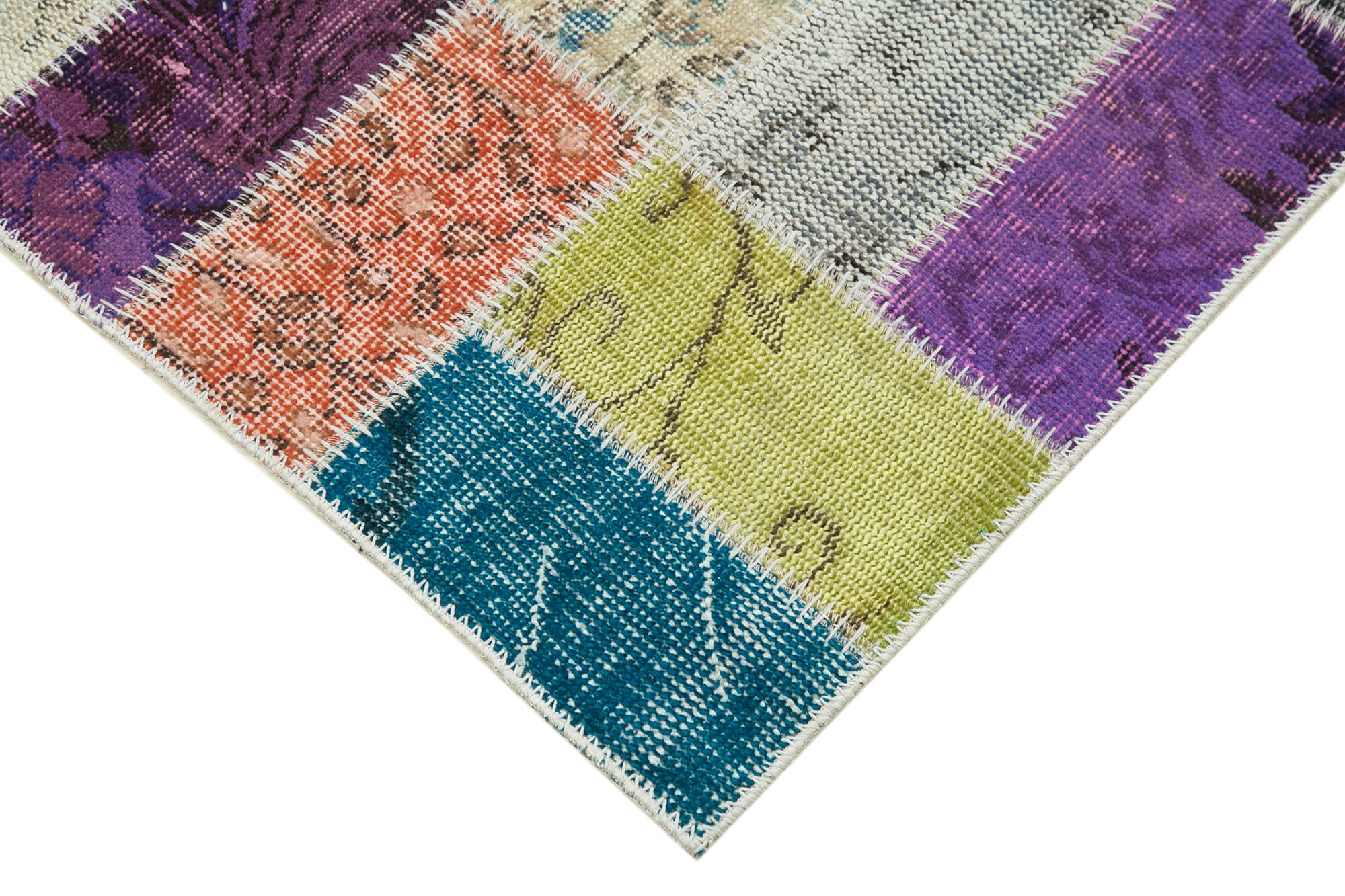 Handmade Area Rug - Blue Patchwork Cotton Wool Vintage Turkish Carpet 2'10''x9'10''