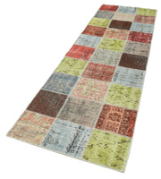 Handmade Patchwork Rug - Kirk Yama Multicolor Cotton Wool Vintage Carpet 2'9''x9'9''