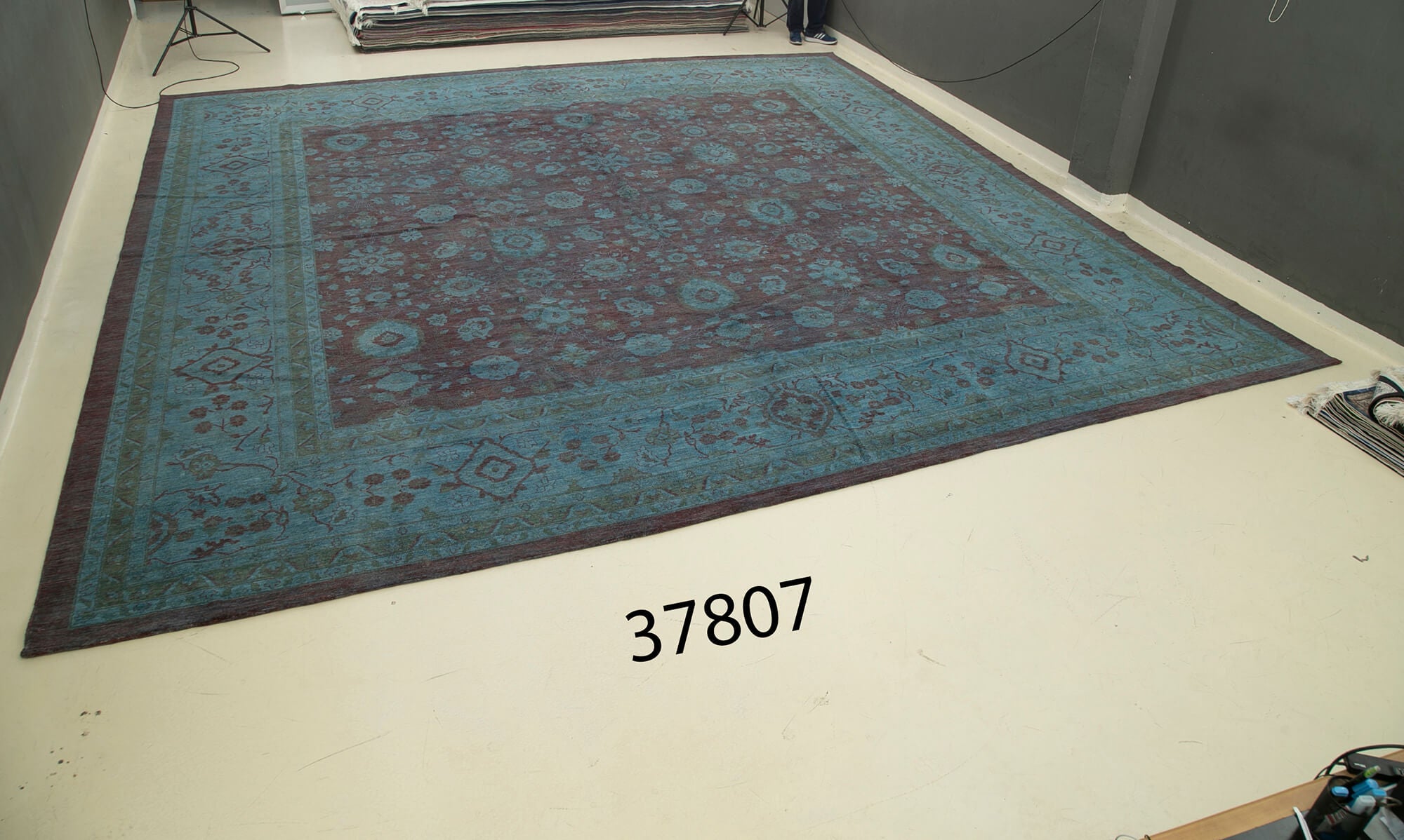 Handmade Wool Area Rug – Classic Blue Cotton Wool Rug 17'7''x18'7'' Vintage Turkish Carpet