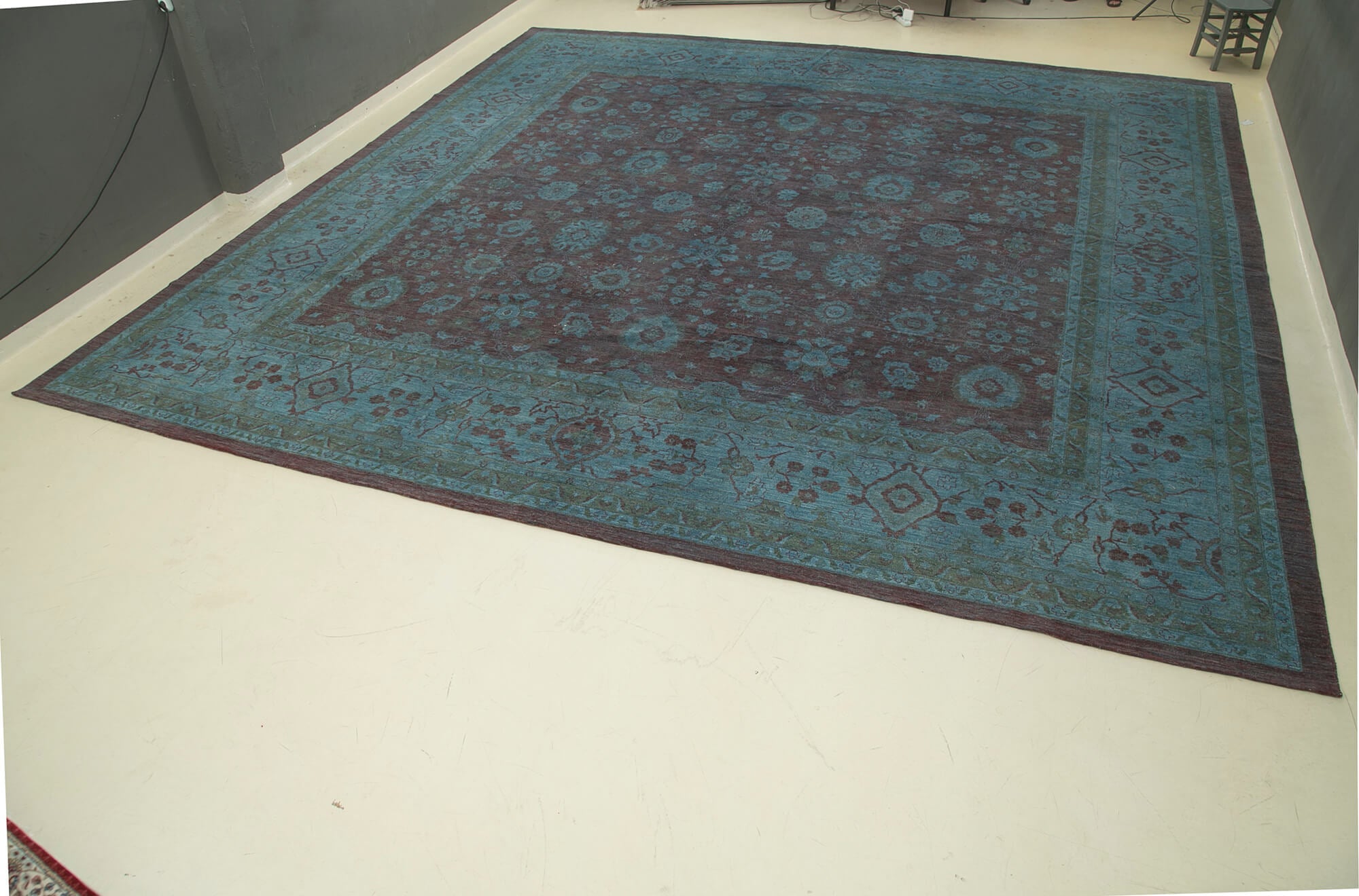 Handmade Wool Area Rug – Classic Blue Cotton Wool Rug 17'7''x18'7'' Vintage Turkish Carpet