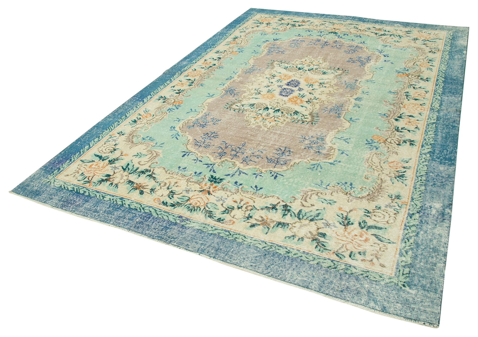 Handmade Vintage Area Rug – Blue Vintage Cotton Wool Turkish Wool Rug 7'0" x 10'3"