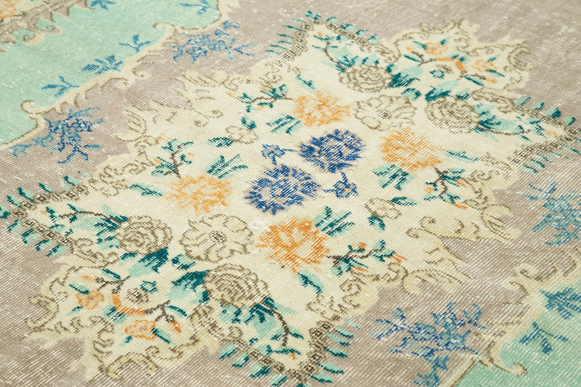Handmade Vintage Area Rug – Blue Vintage Cotton Wool Turkish Wool Rug 7'0" x 10'3"