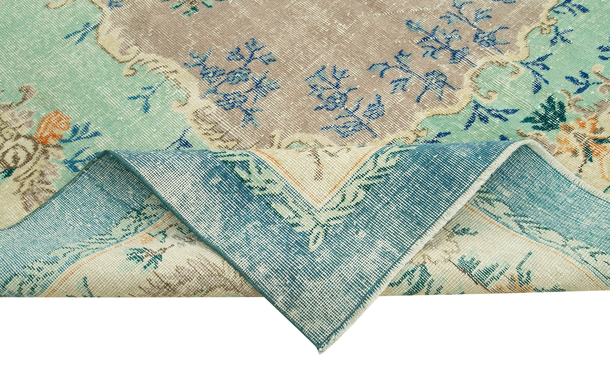 Handmade Vintage Area Rug – Blue Vintage Cotton Wool Turkish Wool Rug 7'0" x 10'3"