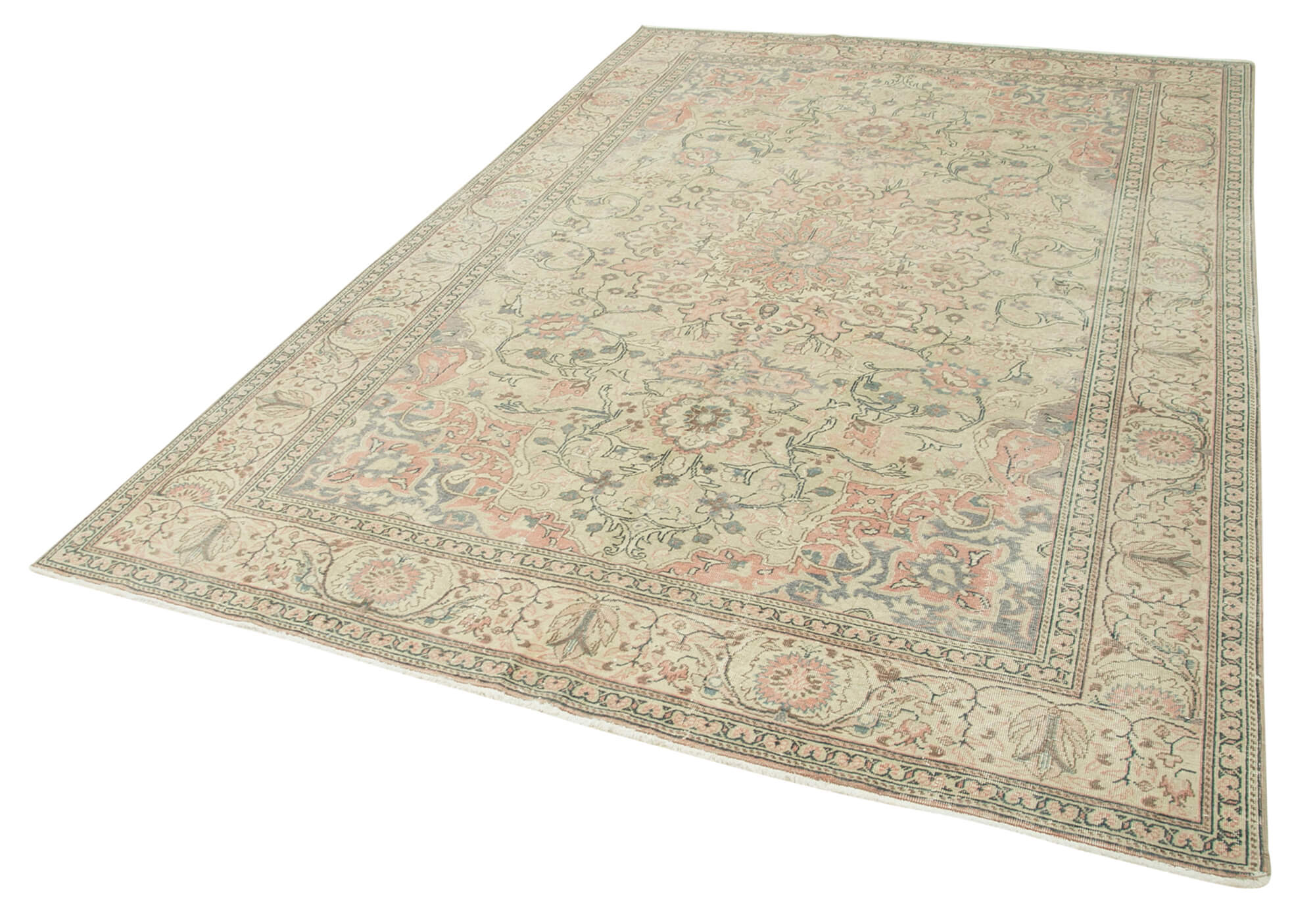 Handmade Vintage Area Rug – Kayseri Turkish Hand Woven Rug 6'4''x9'6'' Beige Cotton Wool