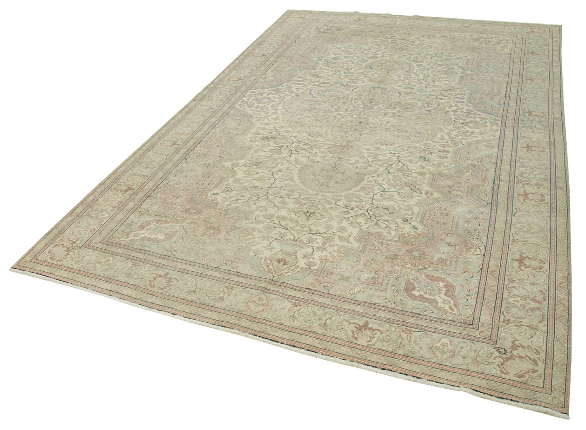 Vintage Wool Area Rug – Handmade Cotton Rug 6'5''x10'2'' Beige Turkish Vintage Carpet