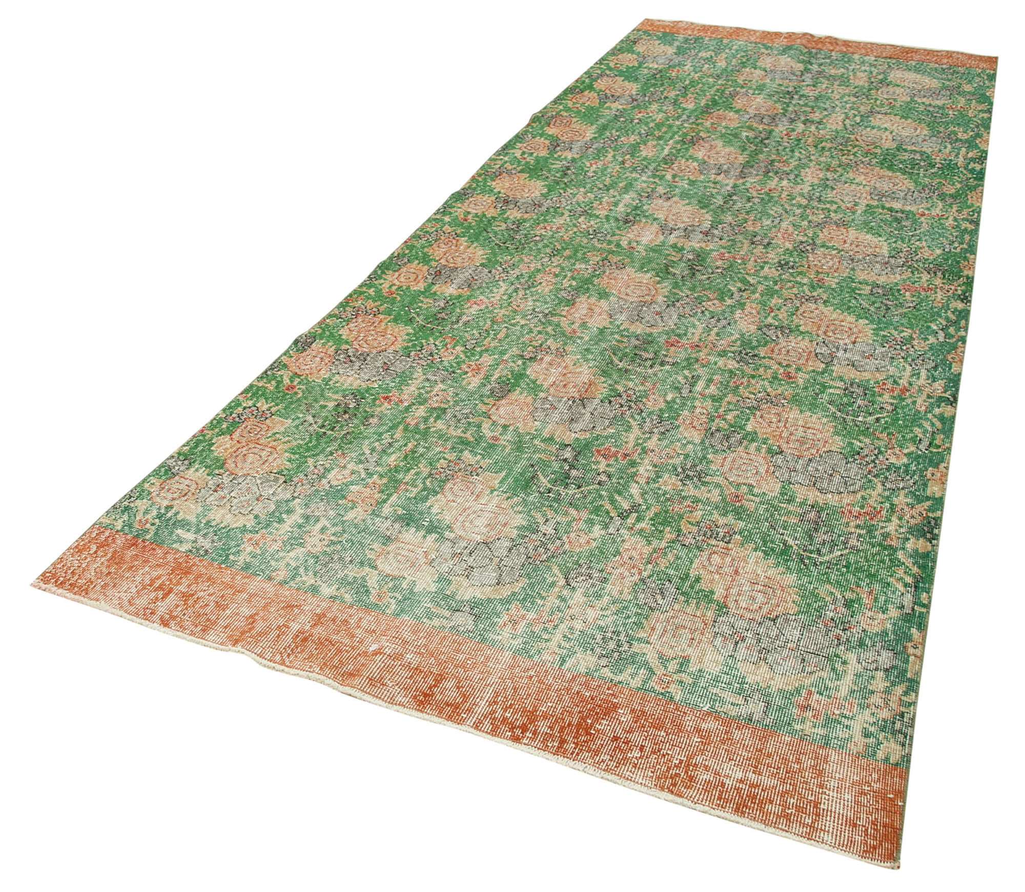 Vintage Handmade Area Rug - Kayseri Green Wool Cotton Carpet 4'6" x 12'9"