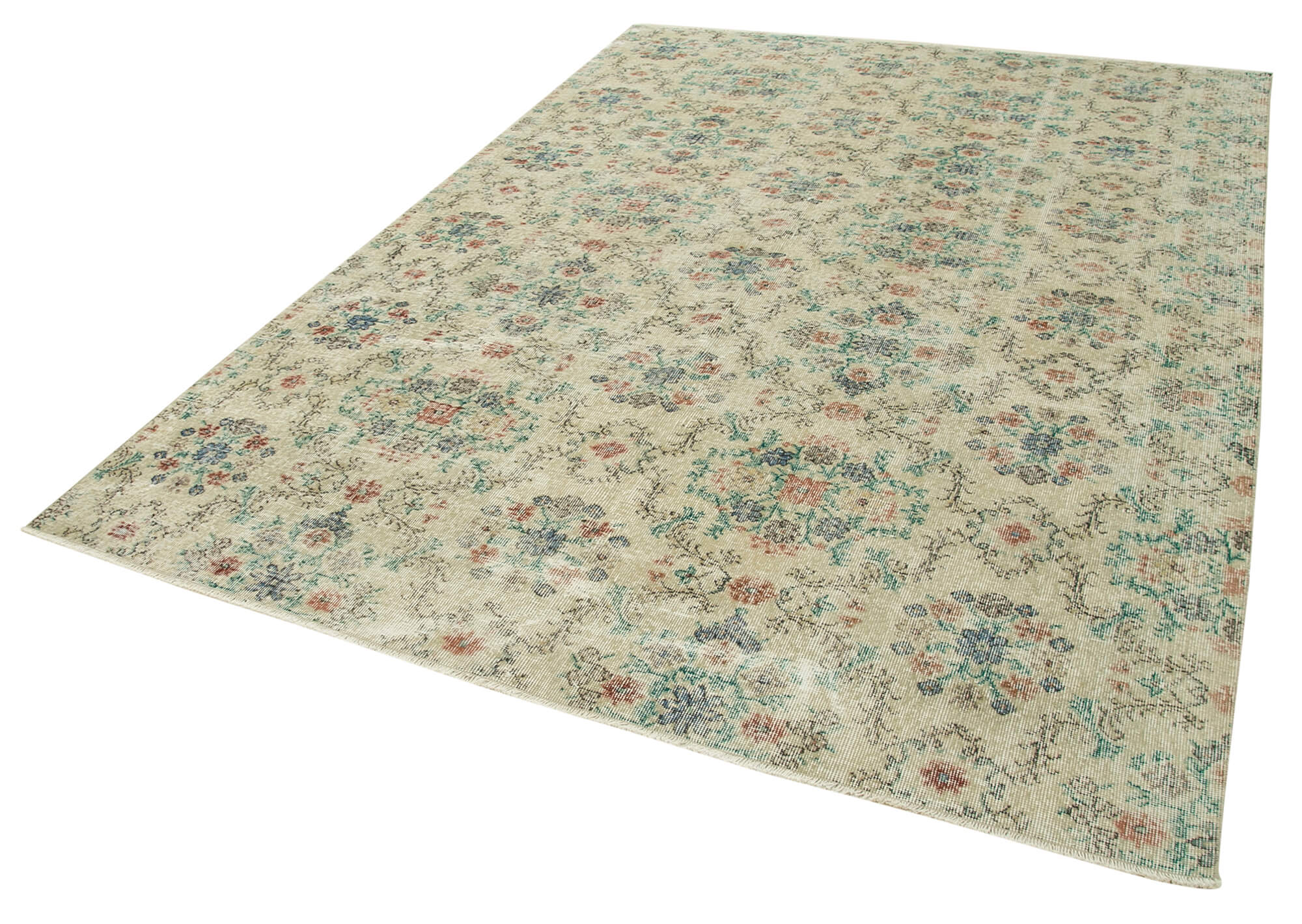 Handmade Vintage Area Rug - Kayseri Beige Wool Cotton Blend 6'8''x9'9''