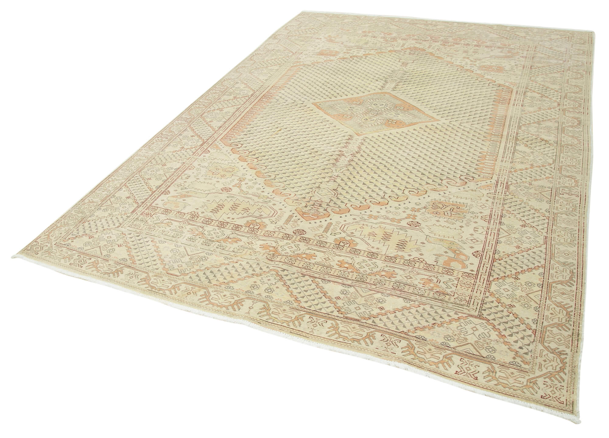 Vintage Cotton Wool Rug – Handmade Area Rug 6'7'' x 9'5'' Beige Wool, Durable Floor Covering