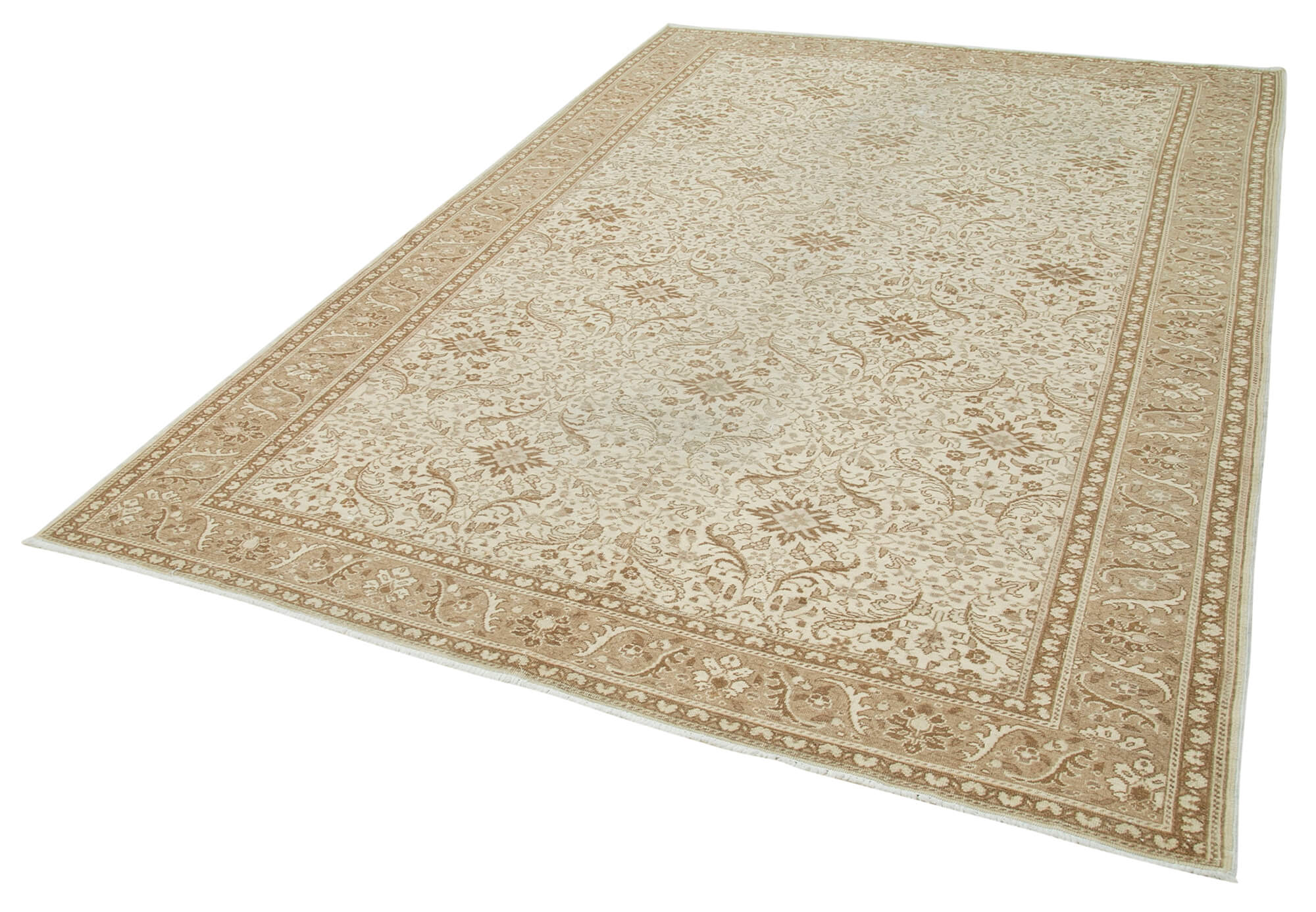 Vintage Handmade Area Rug - Kayseri Beige Wool Cotton Carpet 6'7''x9'7''