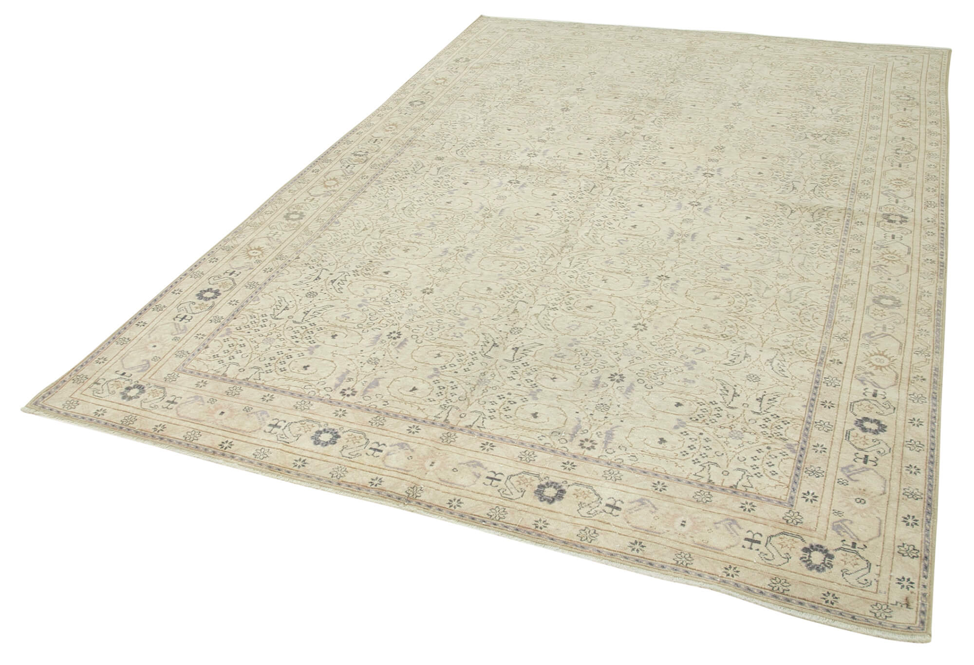 Vintage Cotton Wool Rug - Hand Woven Turkish Area Rug 6'5''x9'4'' Beige Wool