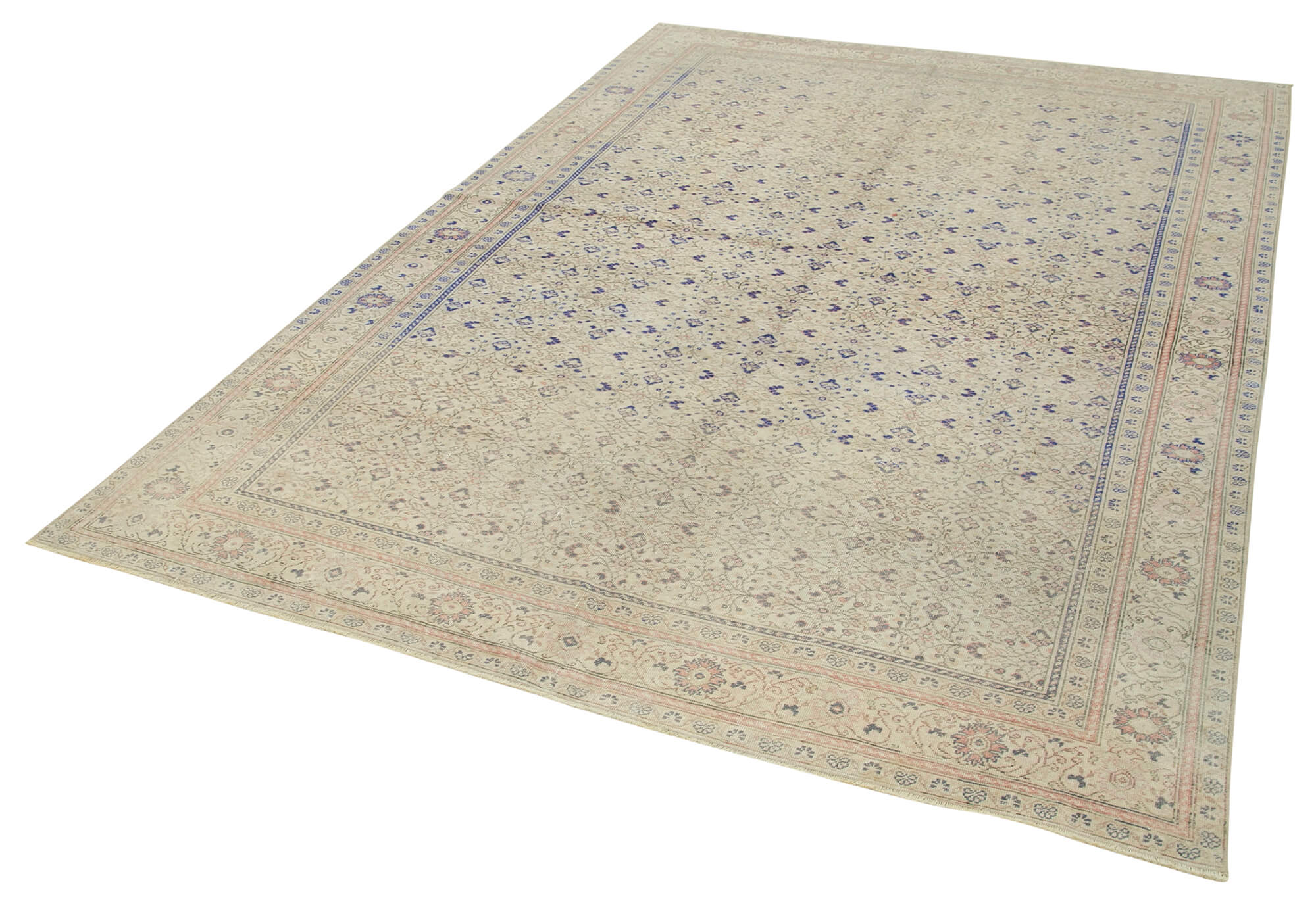 Vintage Wool Area Rug – Handmade Cotton Rug, Beige Turkish Vintage Carpet 6'3''x8'8''