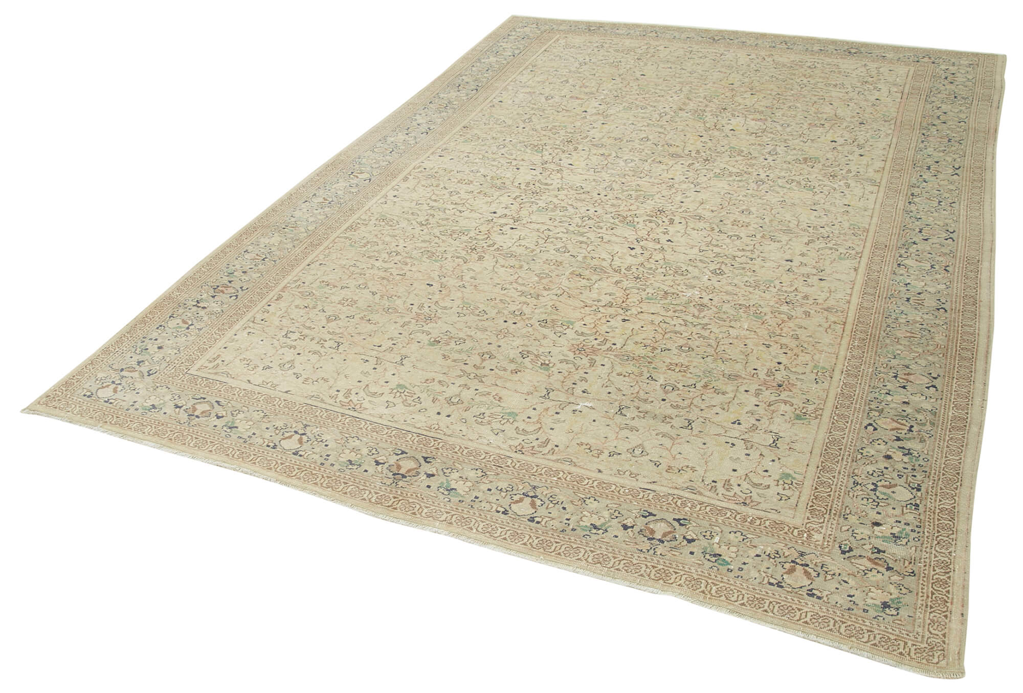 Handmade Vintage Area Rug - Neutral Beige Cotton Wool Blend 6'6''x9'2'' Turkish Rug