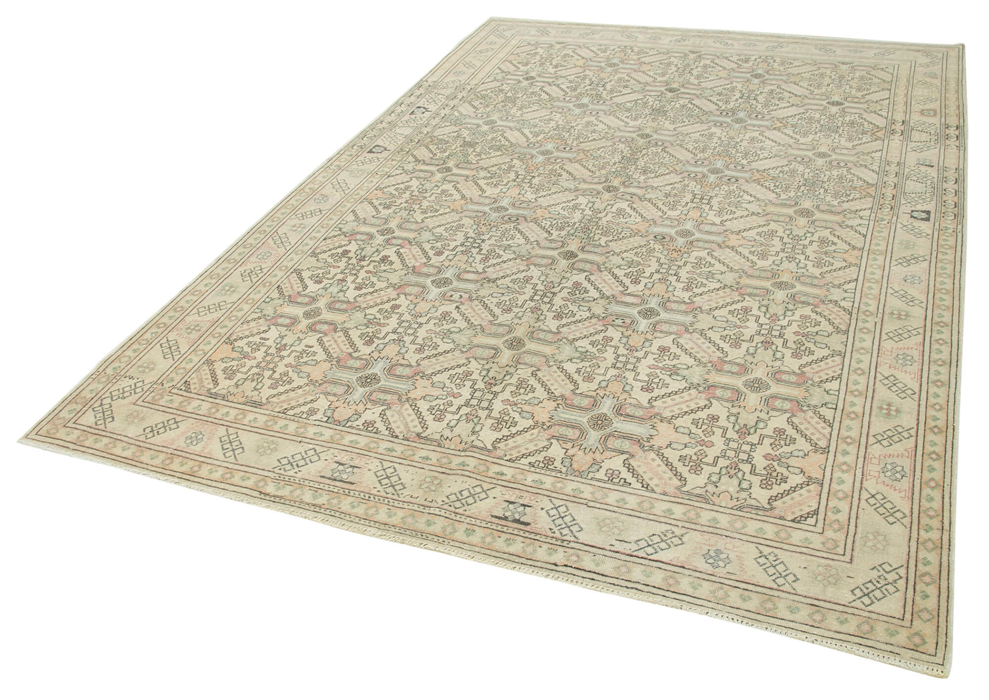 Handmade Vintage Area Rug – Kayseri Beige Cotton Wool Carpet 6'4''x9'5''