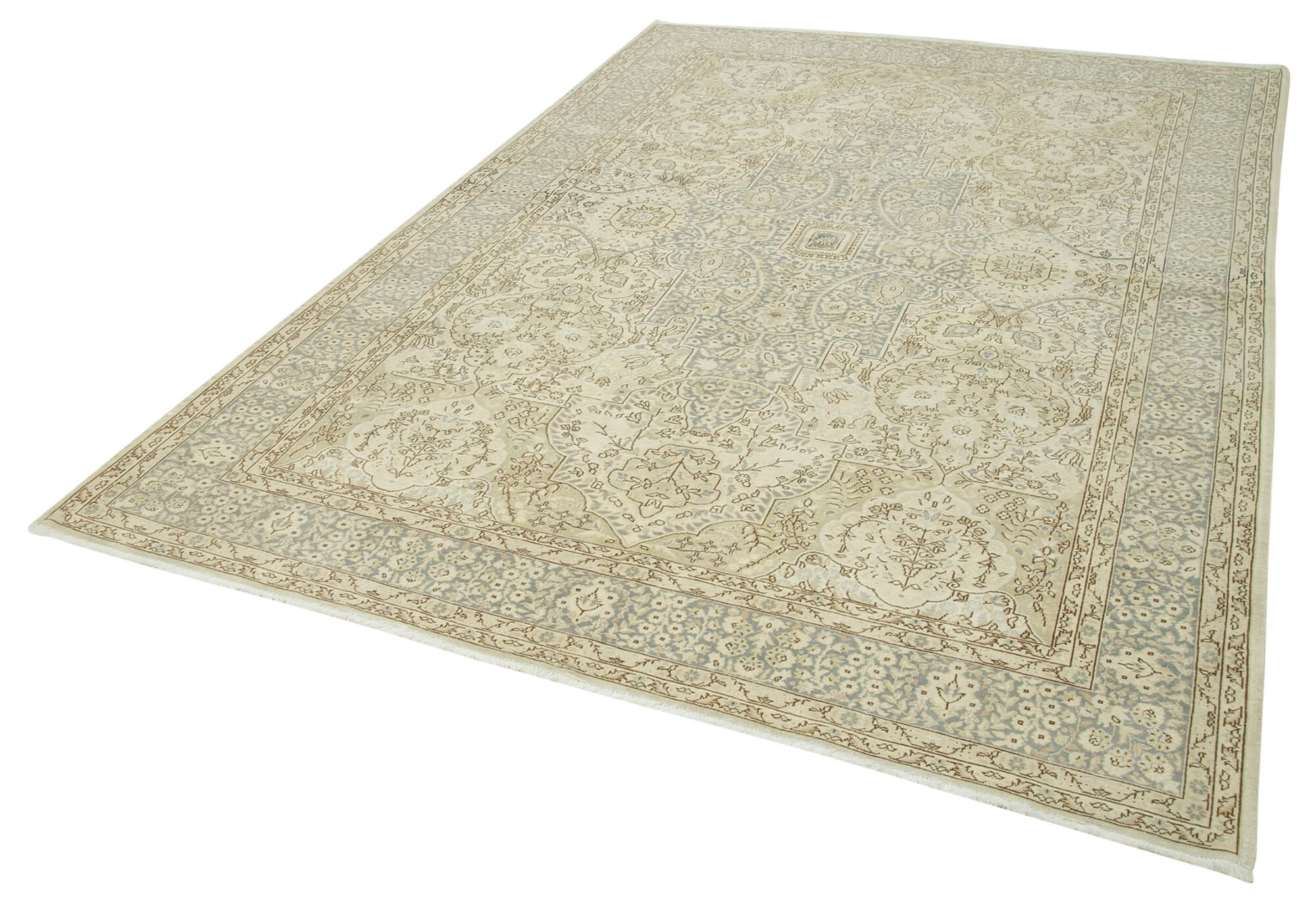 Handmade Vintage Area Rug - Kayseri Beige Cotton Wool Blend Carpet 6'11''x10'3''