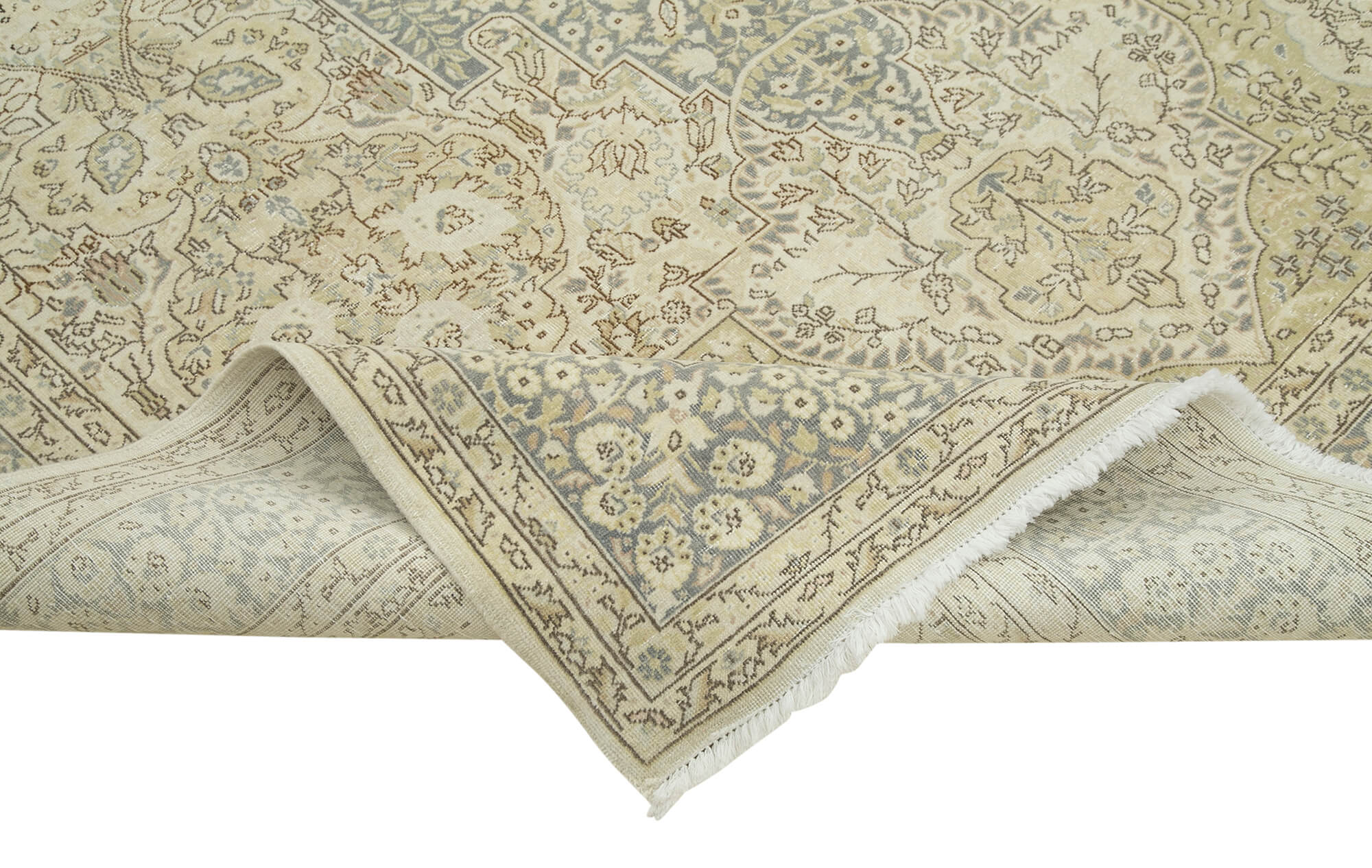 Handmade Vintage Area Rug - Kayseri Beige Cotton Wool Blend Carpet 6'11''x10'3''