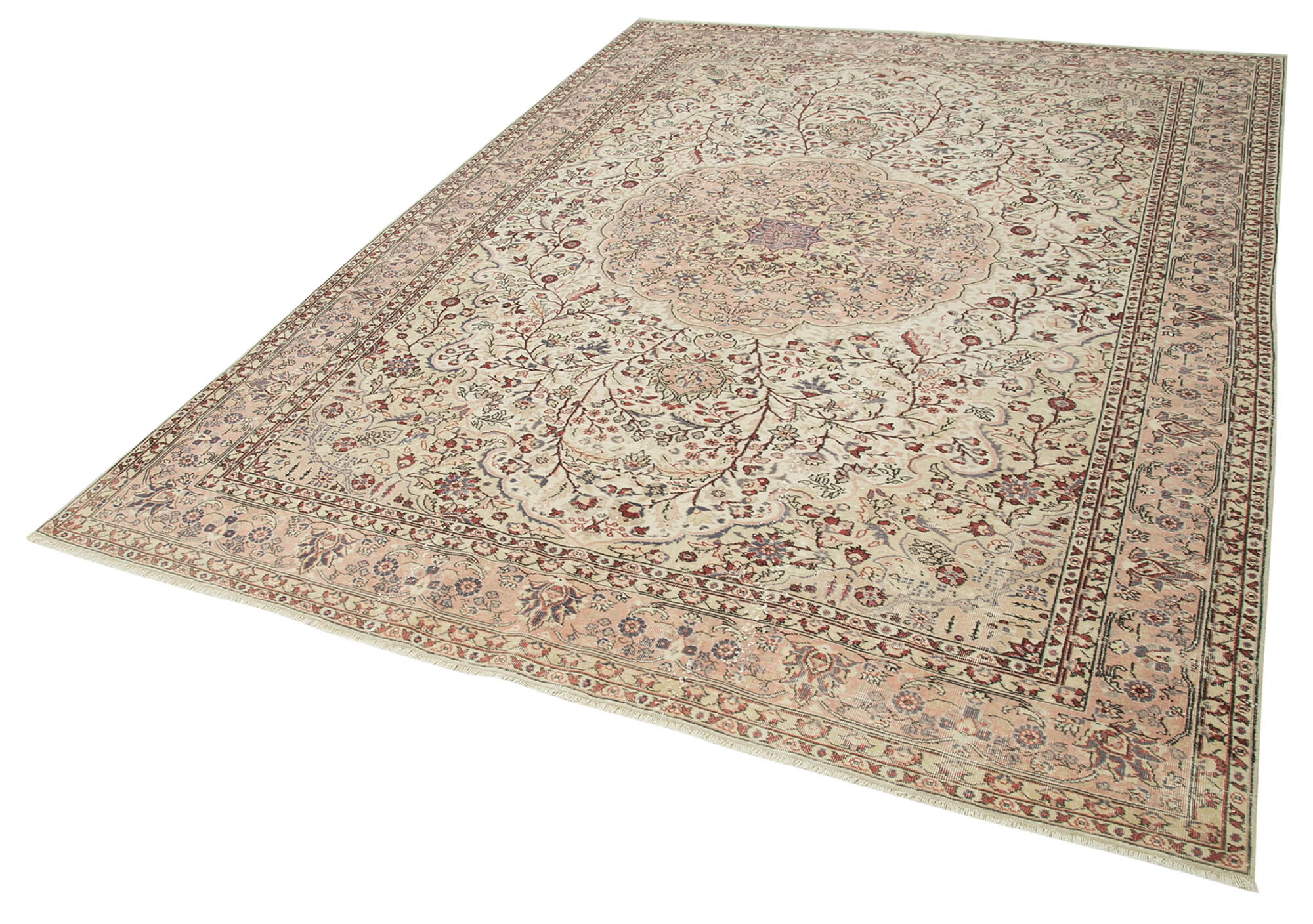Vintage Wool Area Rug - Handmade Cotton Rug, Beige Turkish Hand Knotted Carpet 6'8''x9'1''